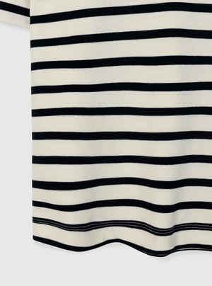 Stripe White/Navy|Black and white striped t-shirt on a light gray background|Stripe White/Navy