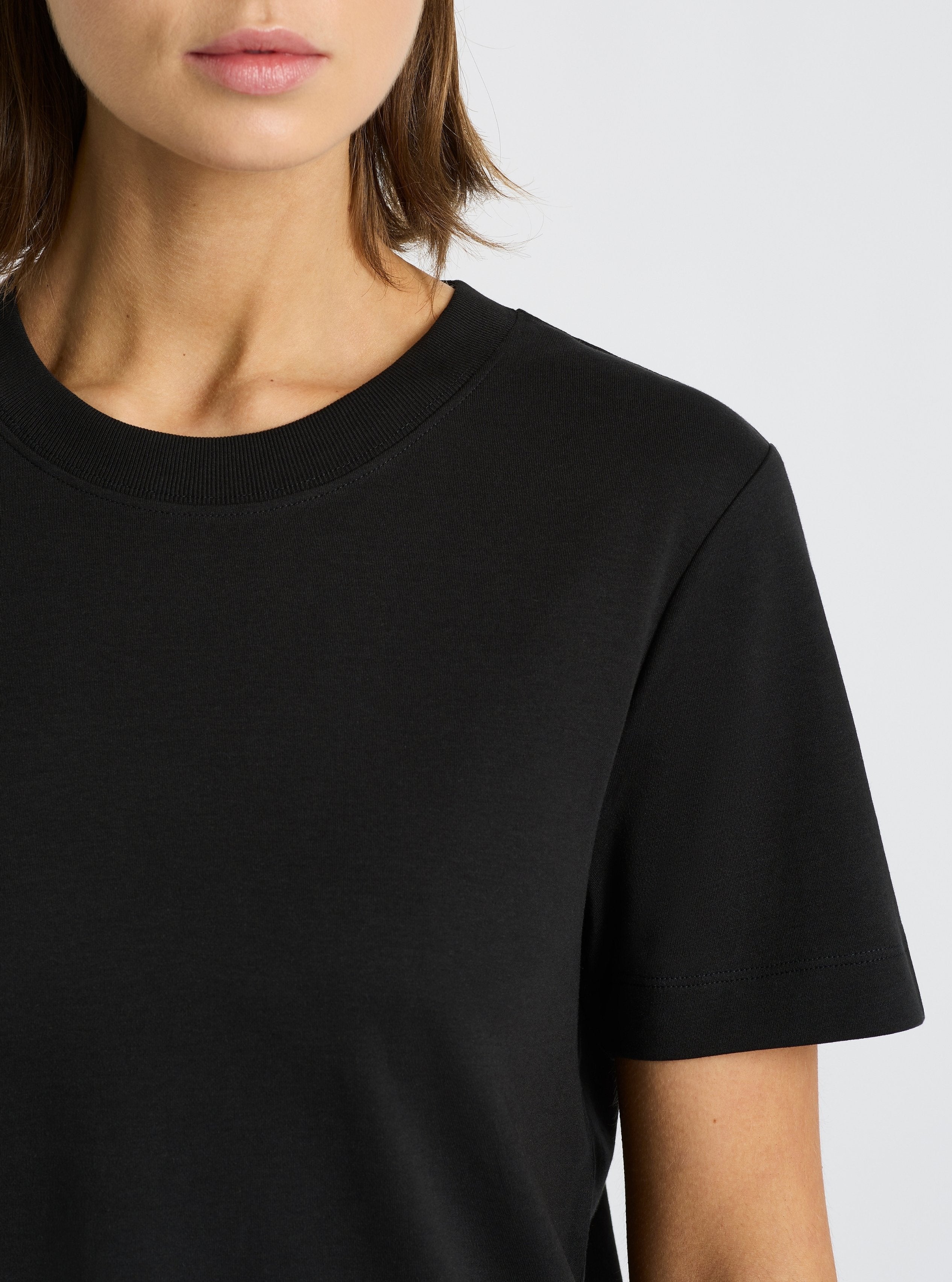 Black|Good Earth Cotton® Box Cut Tee – Sustainable Cotton T-shirt|Stas is 5'10" and wearing a size S