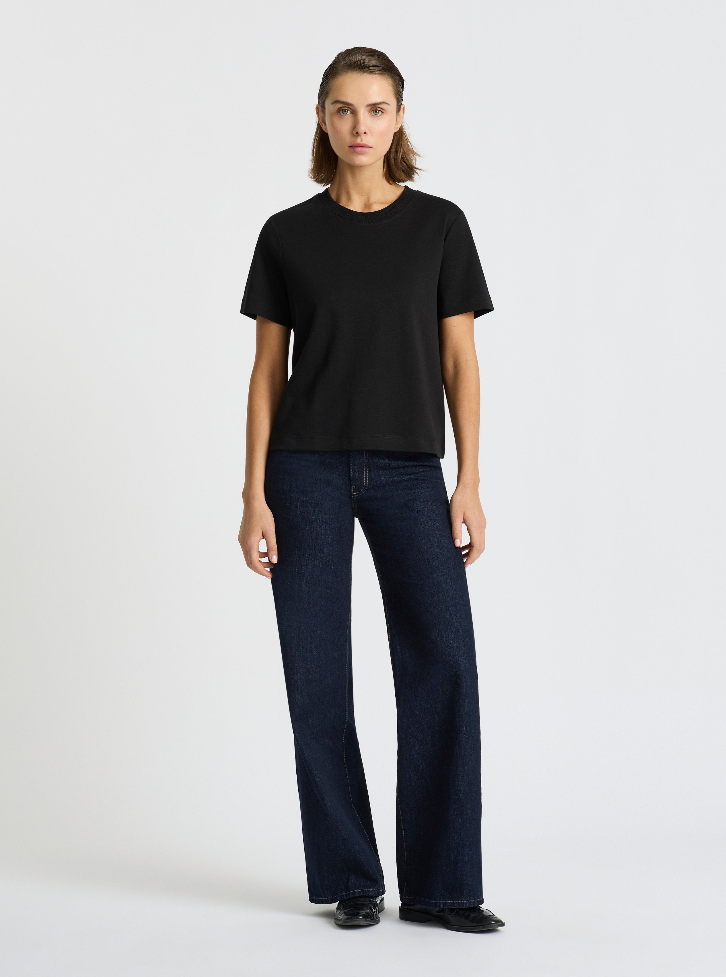 Black|Good Earth Cotton® Box Cut Tee – Sustainable Cotton T-shirt|Stas is 5'10" and wearing a size S