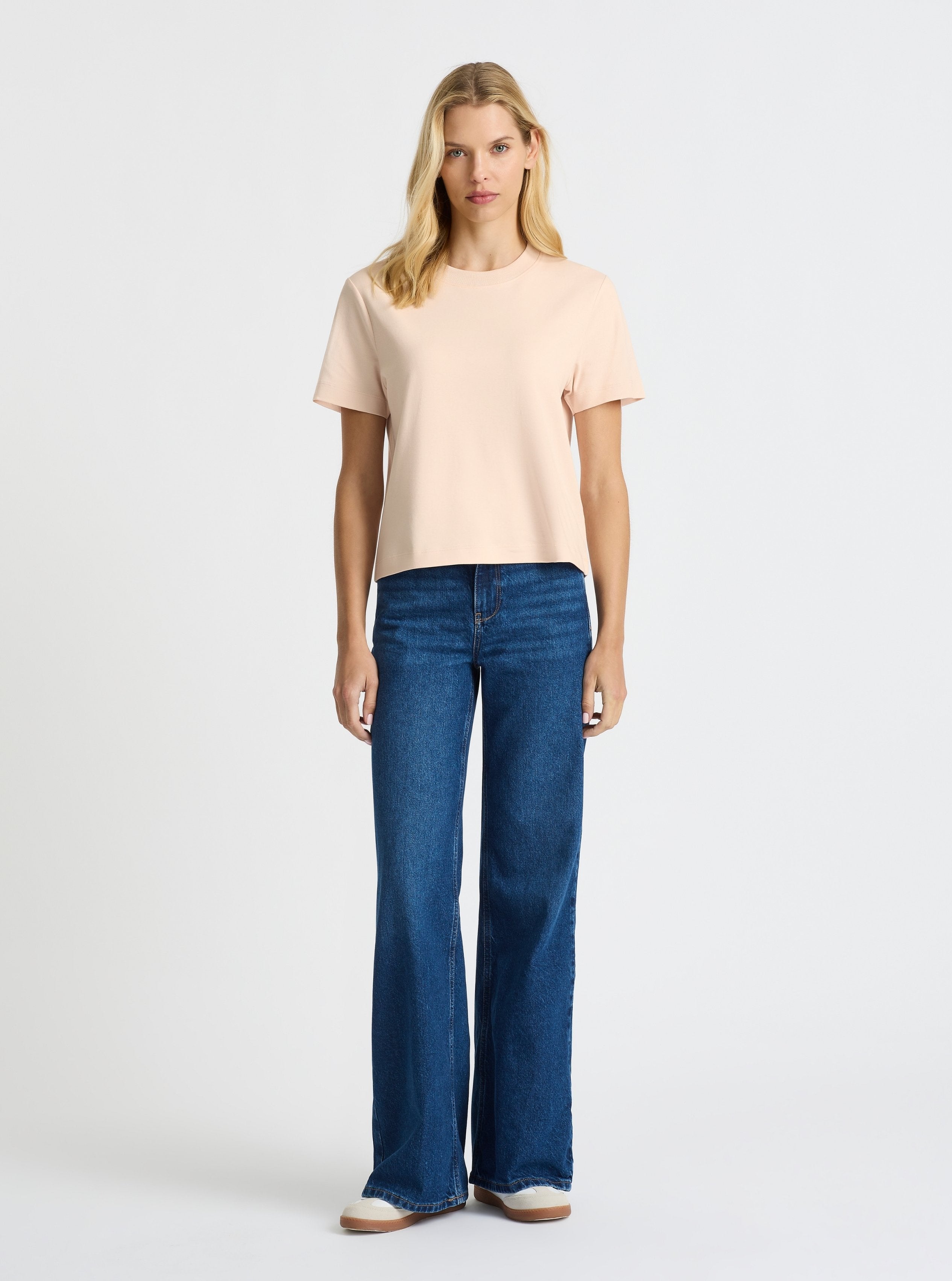 Blush|Good Earth Cotton® Box Cut Tee – Sustainable Cotton T-shirt|Karolina is 5'10" and wearing a size S