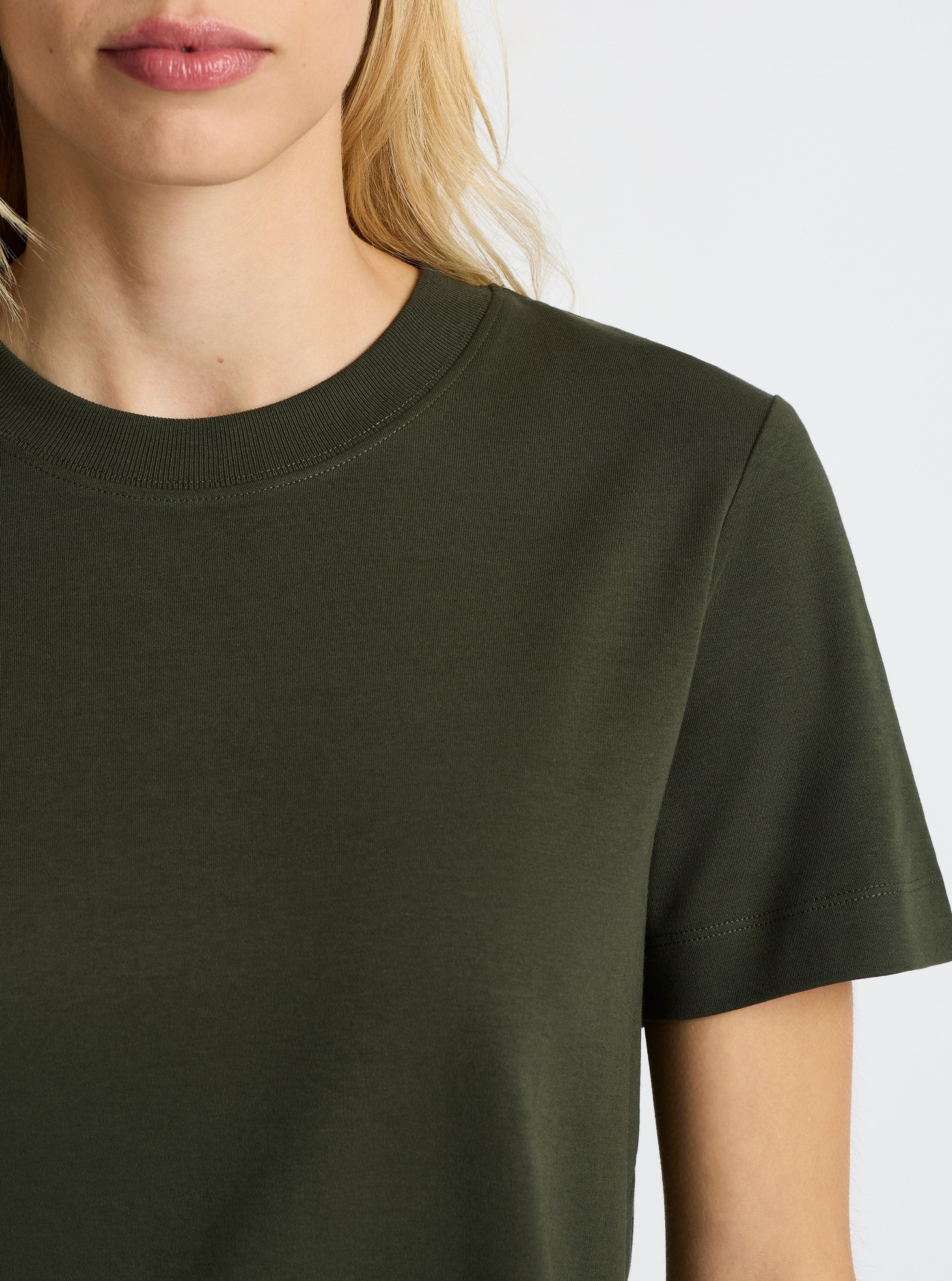 Dark Olive|Good Earth Cotton® Box Cut Tee – Sustainable Cotton T-shirt|Karolina is 5'10" and wearing a size S