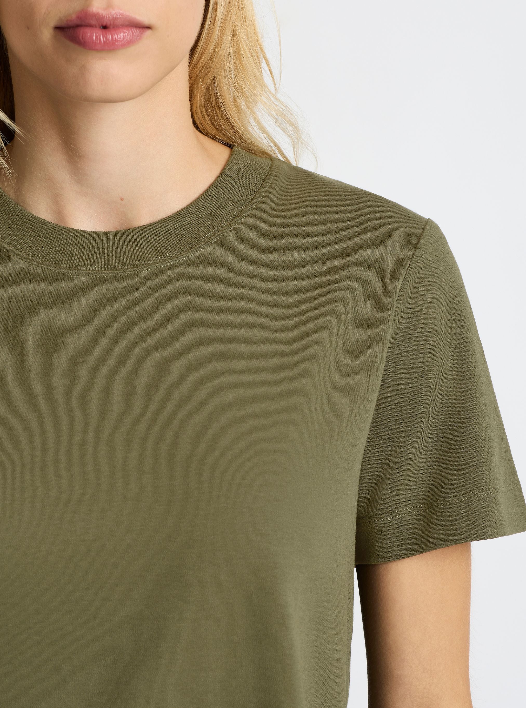 Dark Olive|Good Earth Cotton® Box Cut Tee – Sustainable Cotton T-shirt|Karolina is 5'10" and wearing a size S