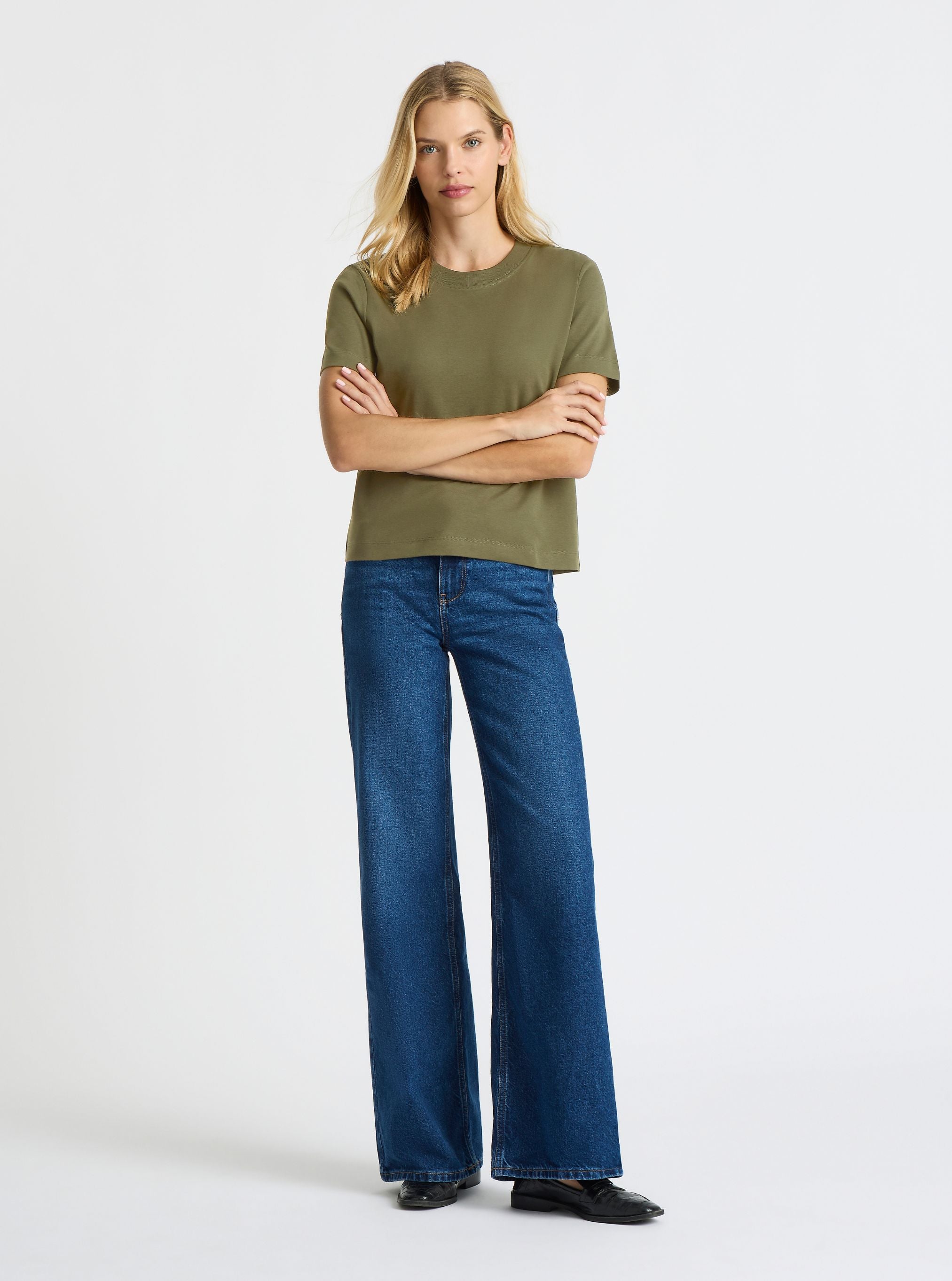 Dark Olive|Good Earth Cotton® Box Cut Tee – Sustainable Cotton T-shirt|Karolina is 5'10" and wearing a size S