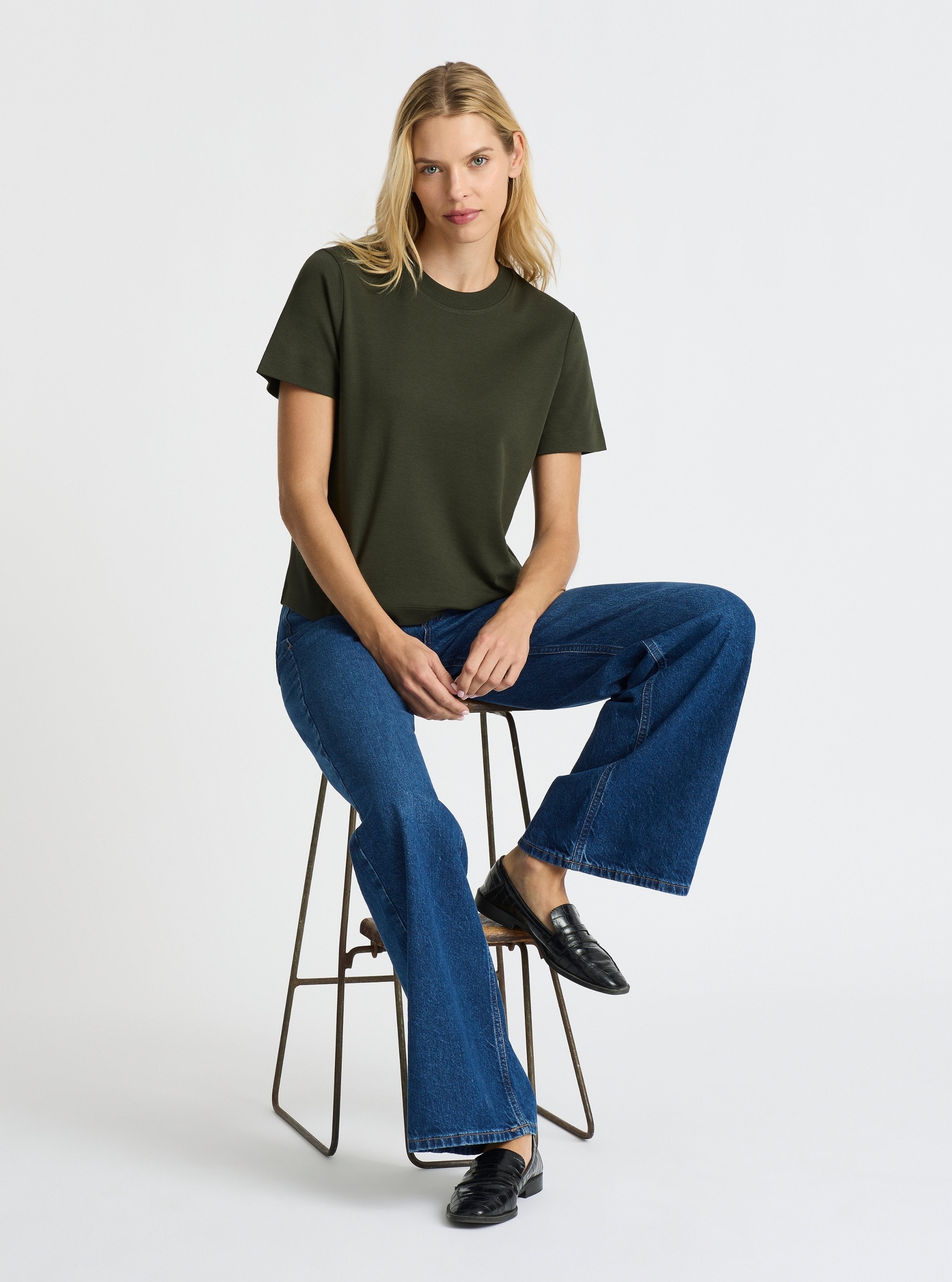 Dark Olive|Good Earth Cotton® Box Cut Tee – Sustainable Cotton T-shirt|Karolina is 5'10" and wearing a size S