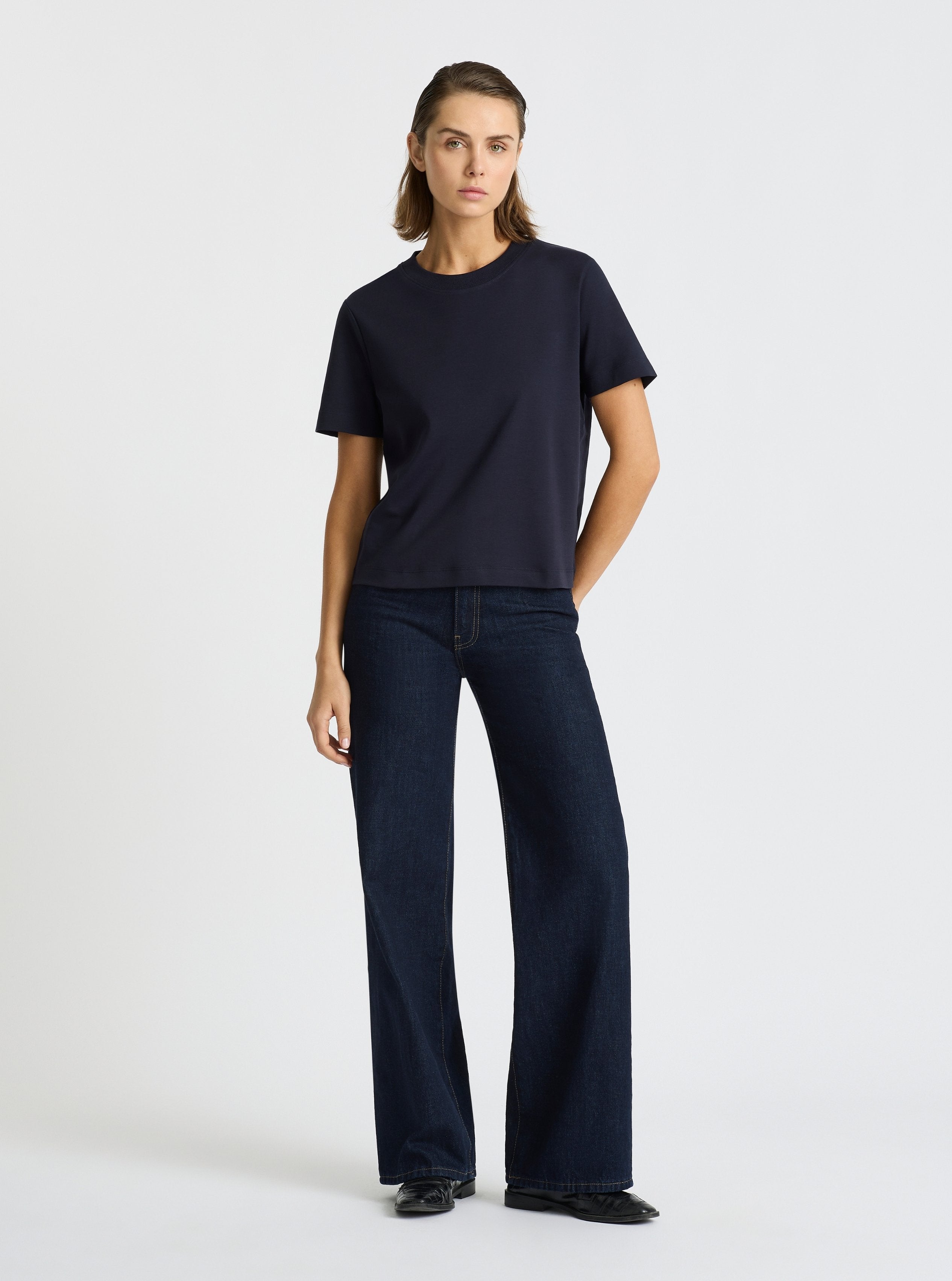 Navy|Good Earth Cotton® Box Cut Tee – Sustainable Cotton T-shirt|Stas is 5'10" and wearing a size S