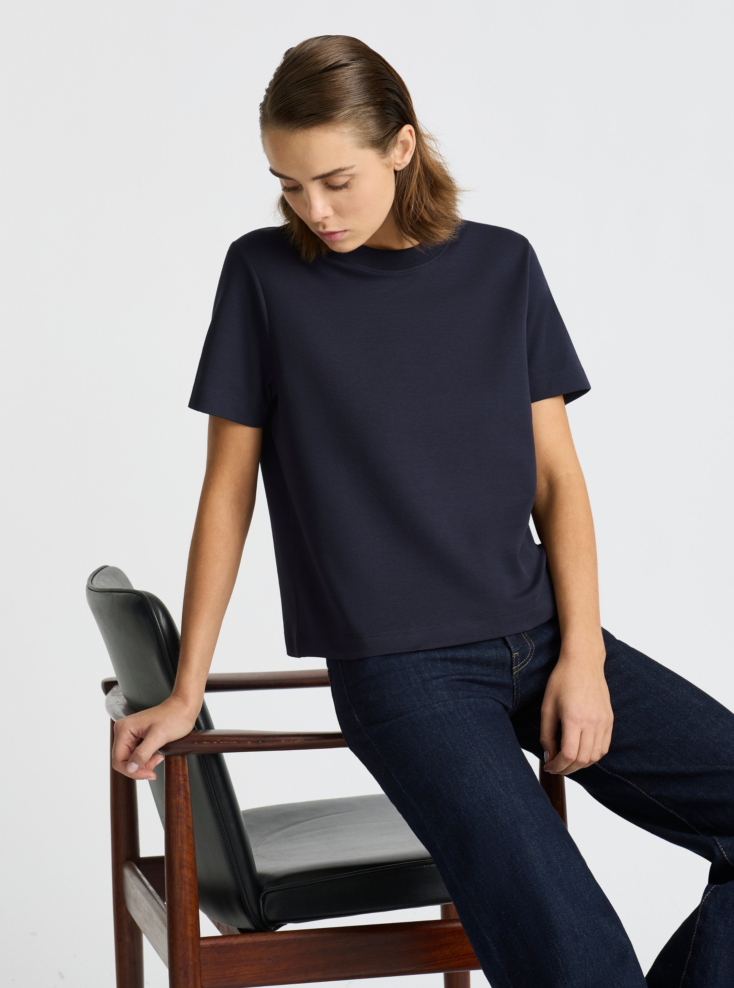 Navy|Good Earth Cotton® Box Cut Tee – Sustainable Cotton T-shirt|Stas is 5'10" and wearing a size S