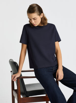 Navy|Good Earth Cotton® Box Cut Tee – Sustainable Cotton T-shirt|Stas is 5'10" and wearing a size S