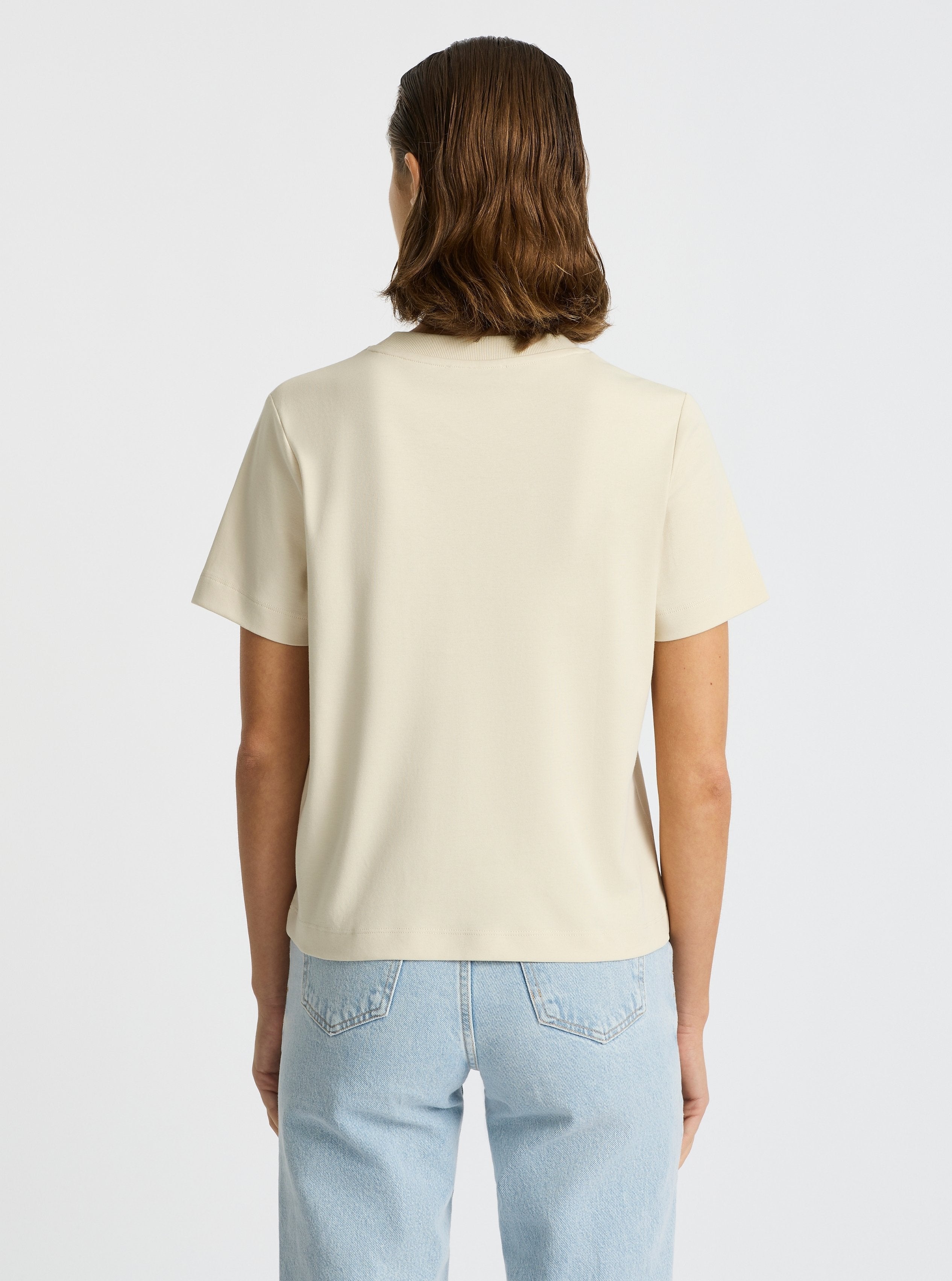 Sand|Good Earth Cotton® Box Cut Tee – Sustainable Cotton T-shirt|Stas is 5'10" and wearing a size S