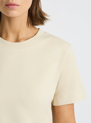 Sand|Good Earth Cotton® Box Cut Tee – Sustainable Cotton T-shirt|Stas is 5'10" and wearing a size S