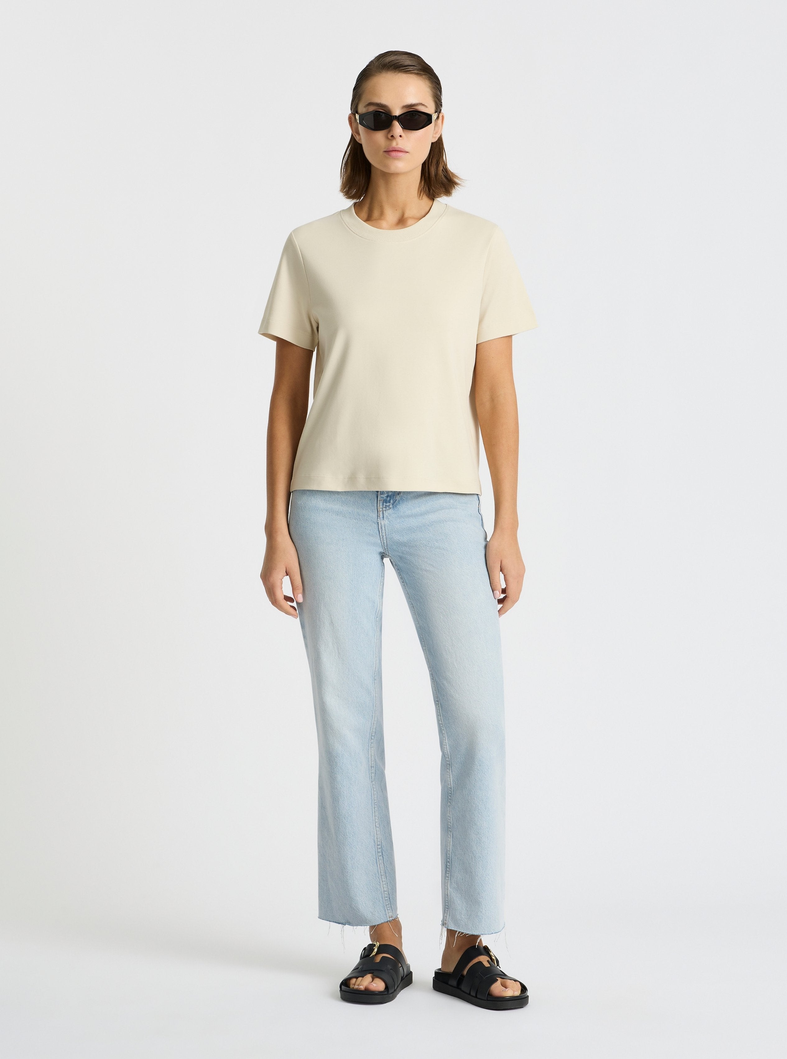 Sand|Good Earth Cotton® Box Cut Tee – Sustainable Cotton T-shirt|Stas is 5'10" and wearing a size S