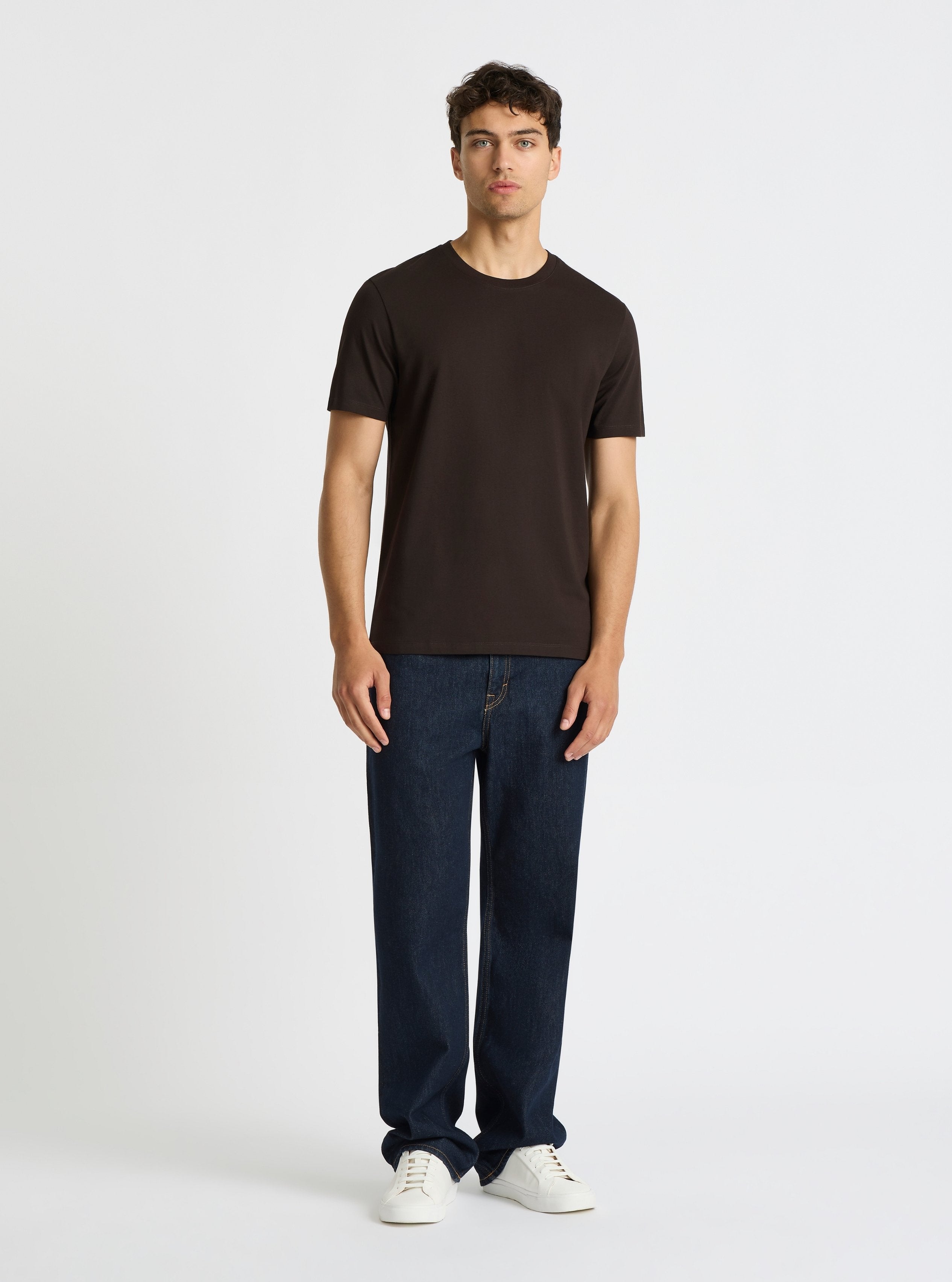 Brown|Good Earth Cotton® Classic Tee for men – Sustainable Cotton T-shirt|Evans is 6’2” and wearing a size M