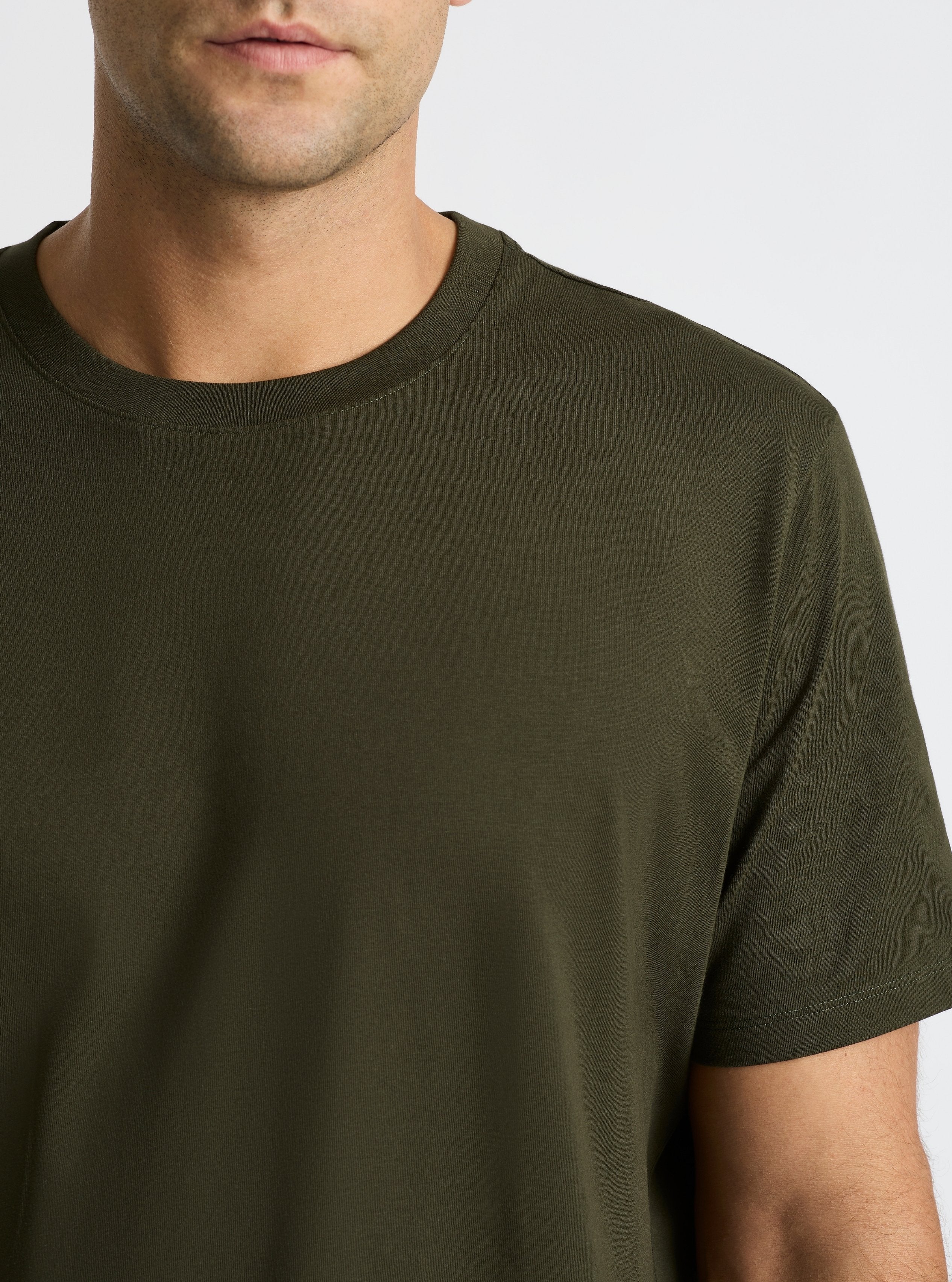 Olive Green|Good Earth Cotton® Classic Tee – Sustainable Cotton T-shirts|Jack is 6’2” and wearing a size L