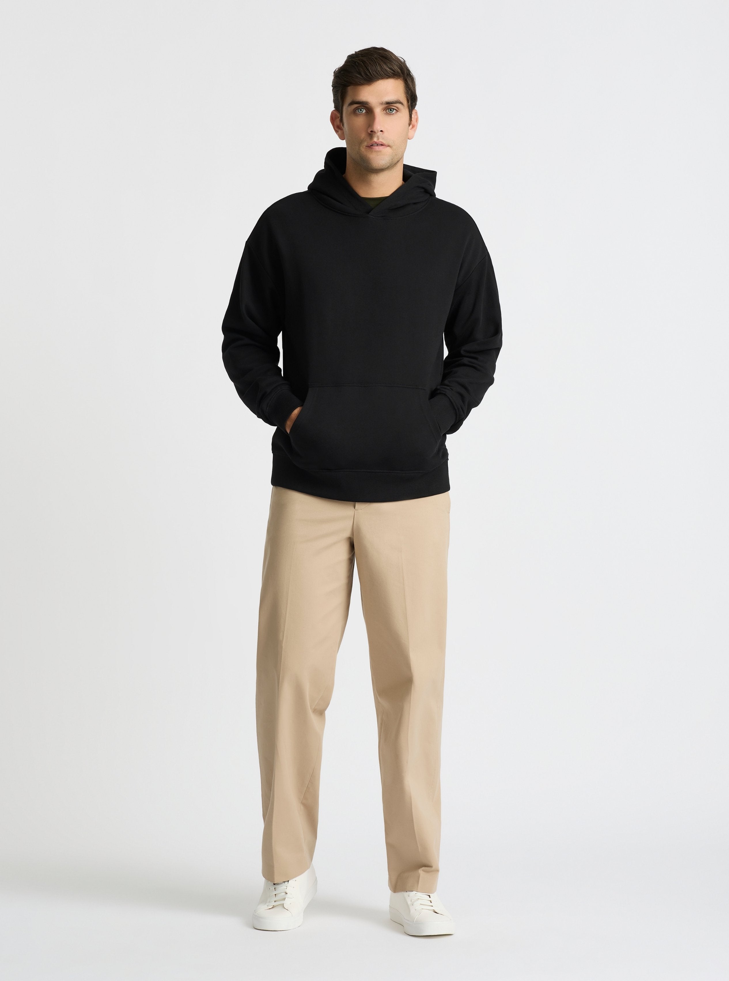 Black|Good Earth Cotton® Hoodie for men – Sustainable Cotton Hoodie|Jack is 6’2” and wearing a size L