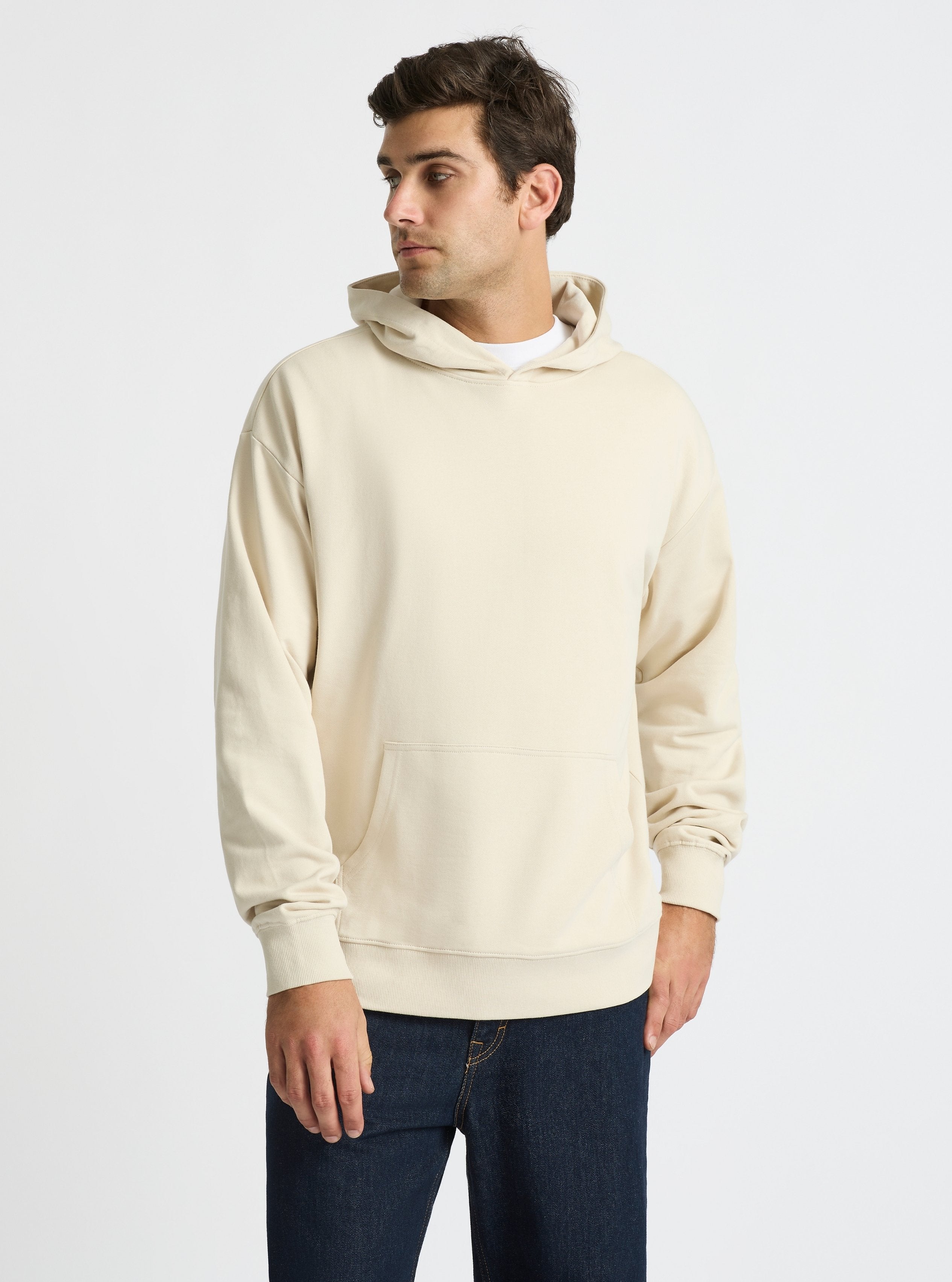Ecru|Good Earth Cotton® Hoodie for men – Sustainable Cotton Hoodie|Jack is 6’2” and wearing a size L