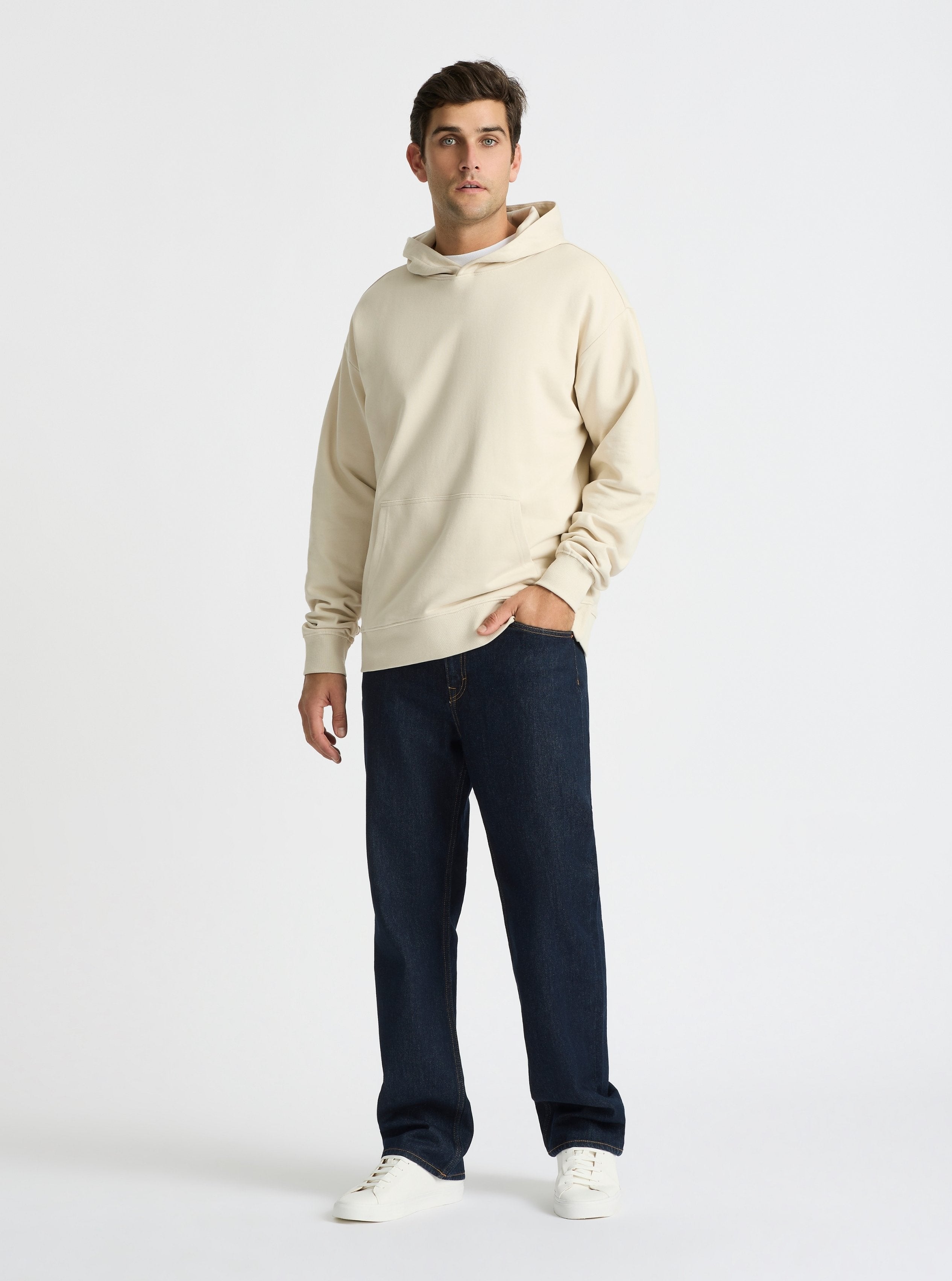 Ecru|Good Earth Cotton® Hoodie for men – Sustainable Cotton Hoodie|Jack is 6’2” and wearing a size L
