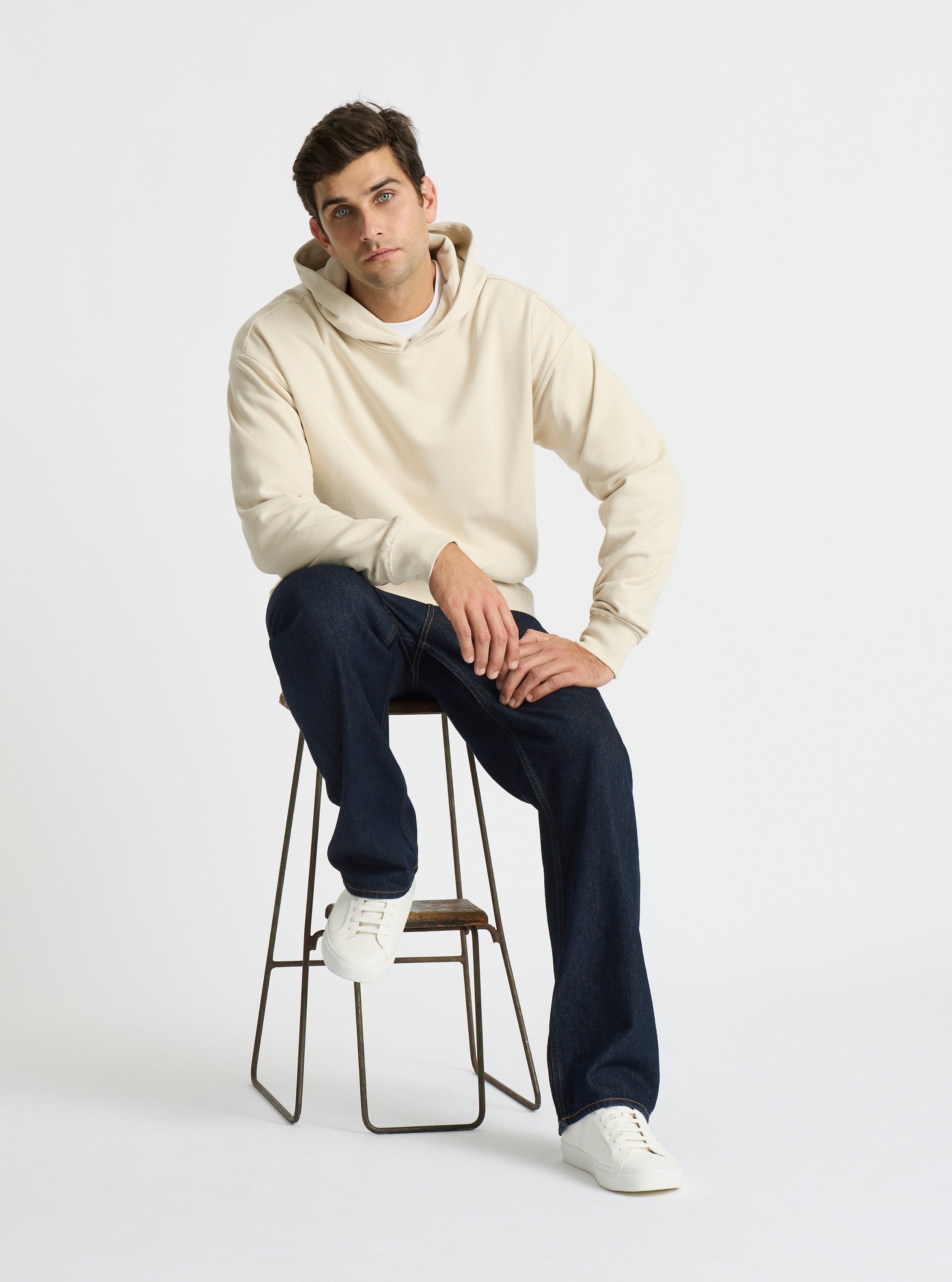 Ecru|Good Earth Cotton® Hoodie for men – Sustainable Cotton Hoodie|Jack is 6’2” and wearing a size L