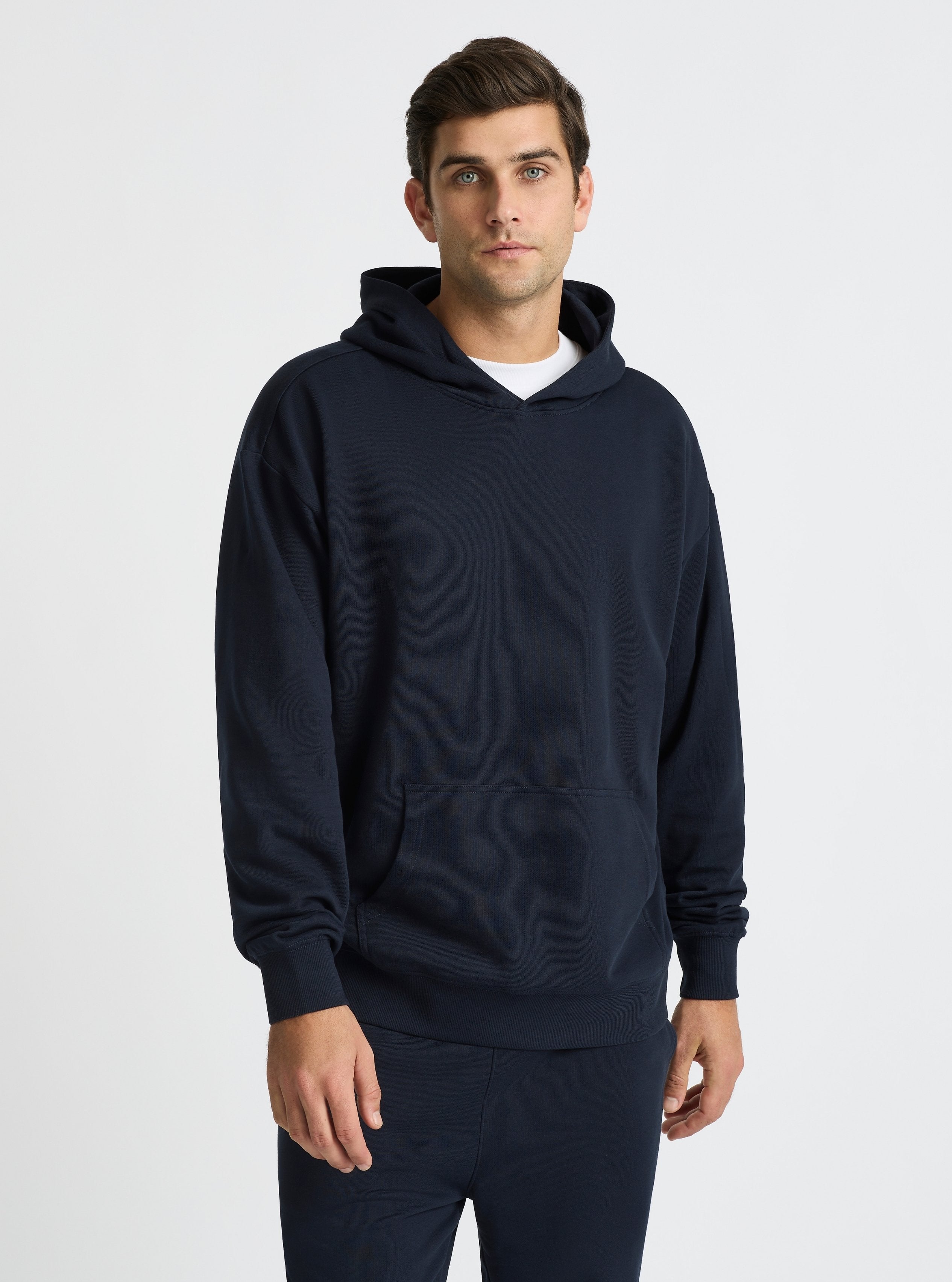 Navy|Good Earth Cotton® Hoodie for men – Sustainable Cotton Hoodie|Jack is 6’2” and wearing a size L