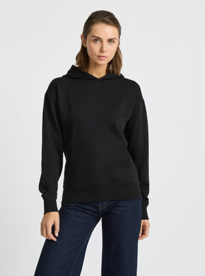 Black|Good Earth Cotton® Clean Hoodie – Sustainable Cotton Sweatshirt|Stas is 5'10" and wearing a size S