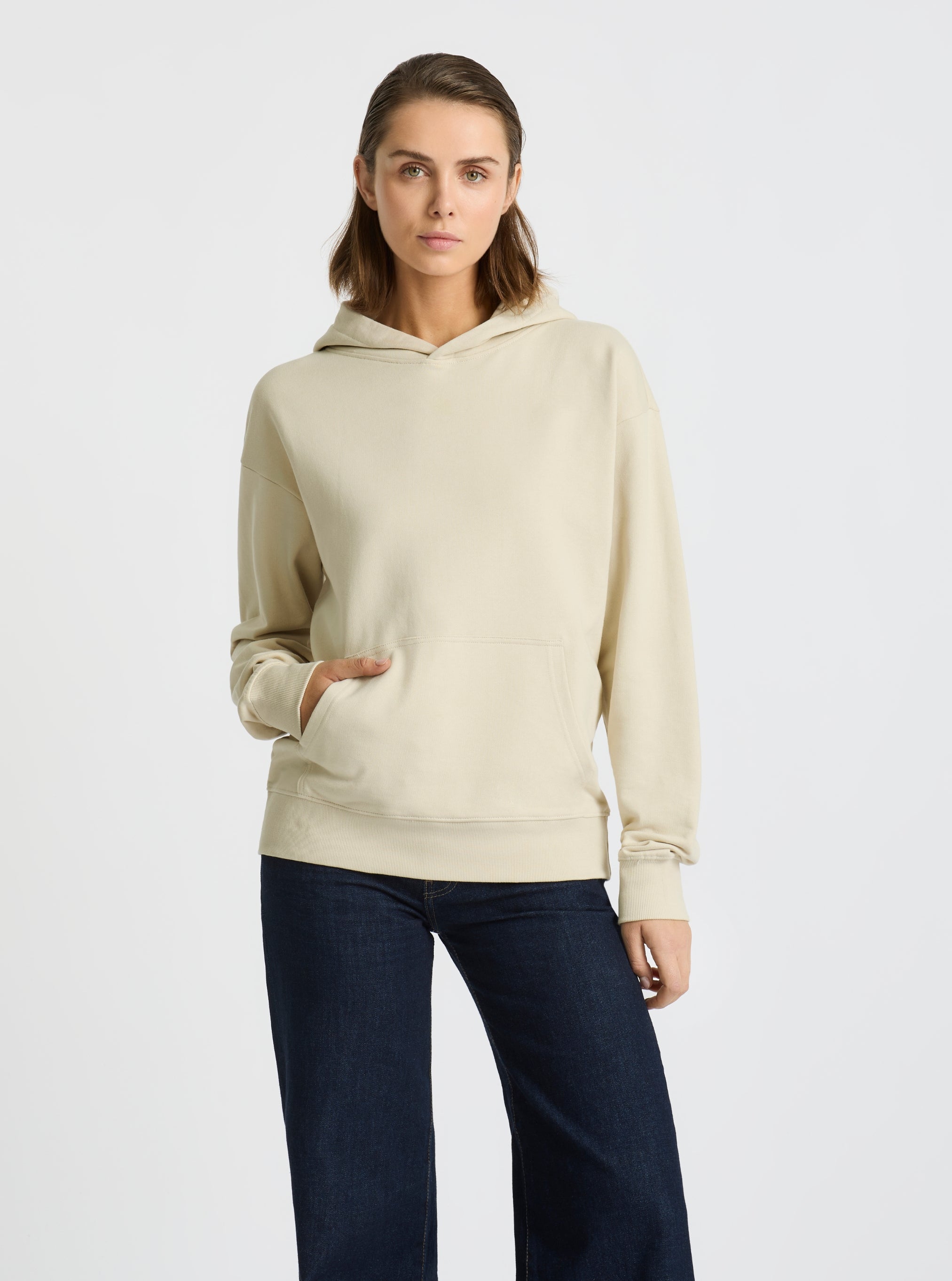 Ecru|Good Earth Cotton® Clean Hoodie – Sustainable Cotton Sweatshirt|Stas is 5'10" and wearing a size S