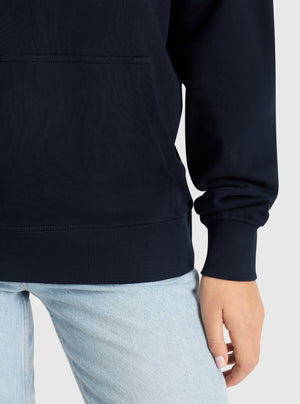 Navy|Good Earth Cotton® Clean Hoodie – Sustainable Cotton Sweatshirt|Stas is 5'10" and wearing a size S