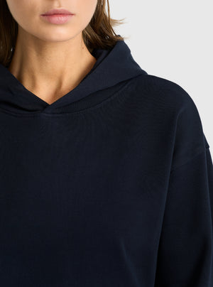 Navy|Good Earth Cotton® Clean Hoodie – Sustainable Cotton Sweatshirt|Stas is 5'10" and wearing a size S
