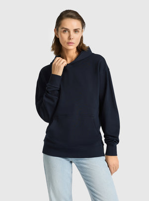 Navy|Good Earth Cotton® Clean Hoodie – Sustainable Cotton Sweatshirt|Stas is 5'10" and wearing a size S