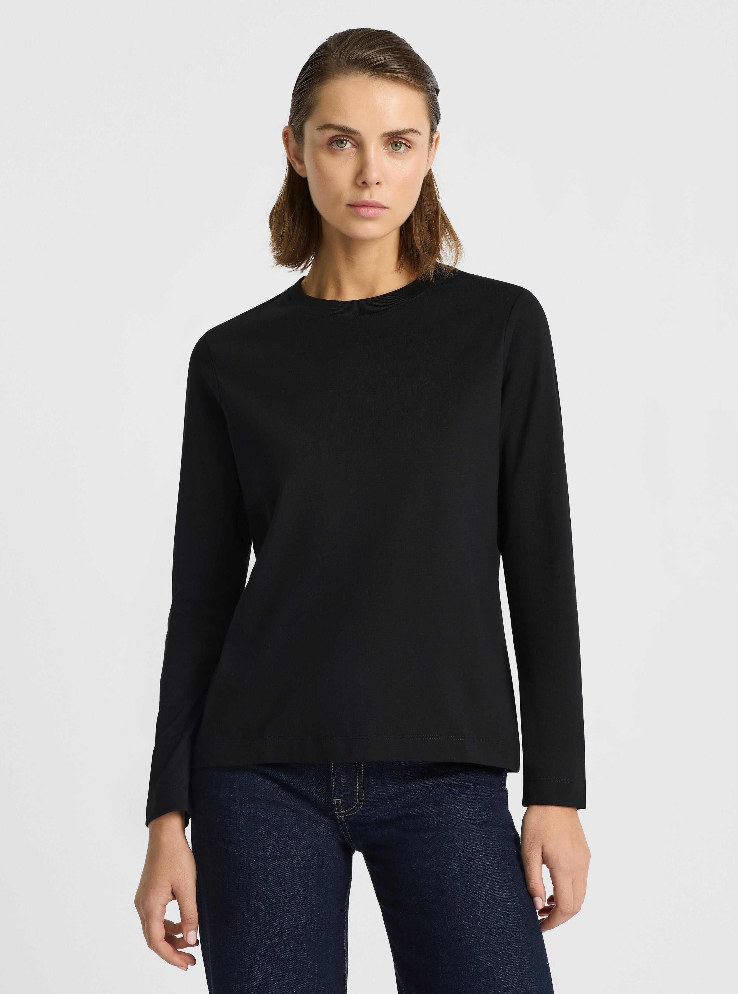 Black|Good Earth Cotton® Long Sleeve Tee – Sustainable Cotton T-shirt|Stas is 5'10" and wearing a size M