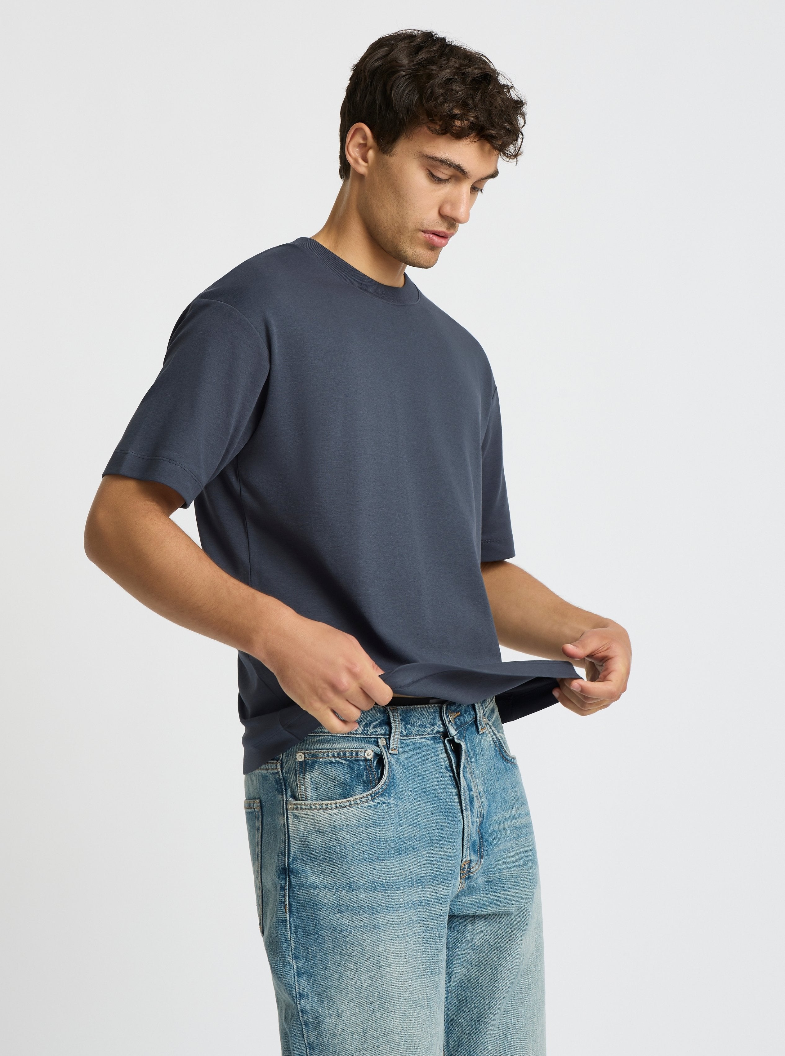 Charcoal Blue|Good Earth Cotton® Oversized Tee – Sustainable Cotton T-shirt|Evans is 6’2” and wearing a size M