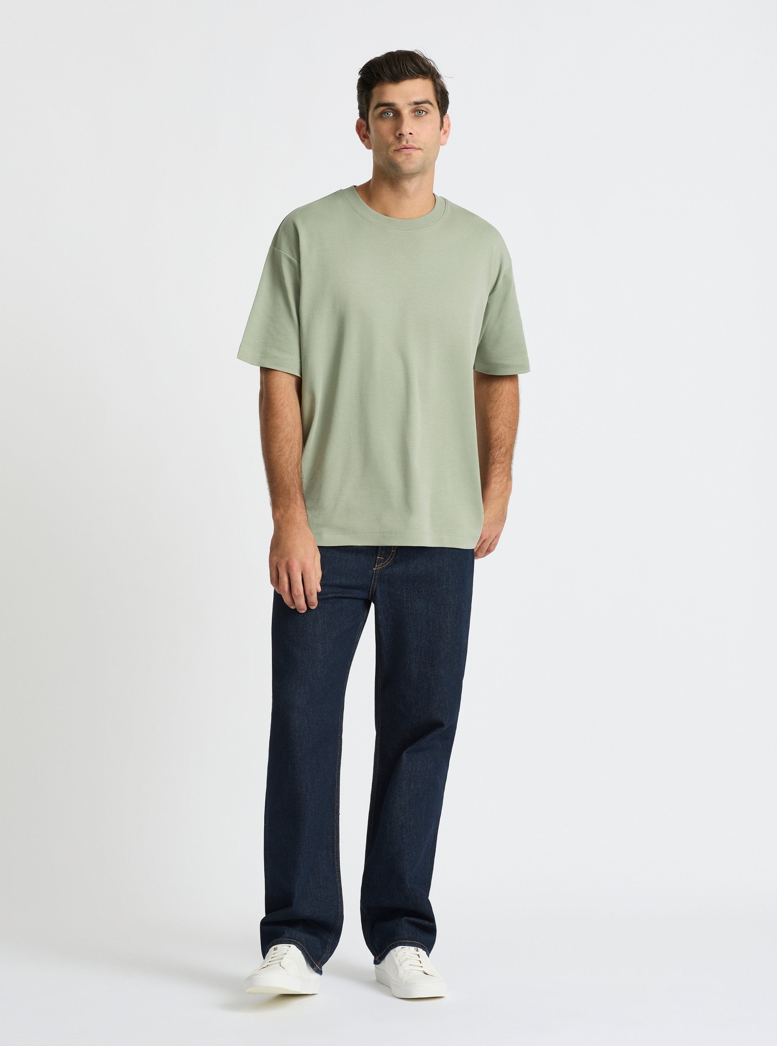 Sage Green|Good Earth Cotton® Oversized Tee – Sustainable Cotton T-shirt|Jack is 6’2” and wearing a size L