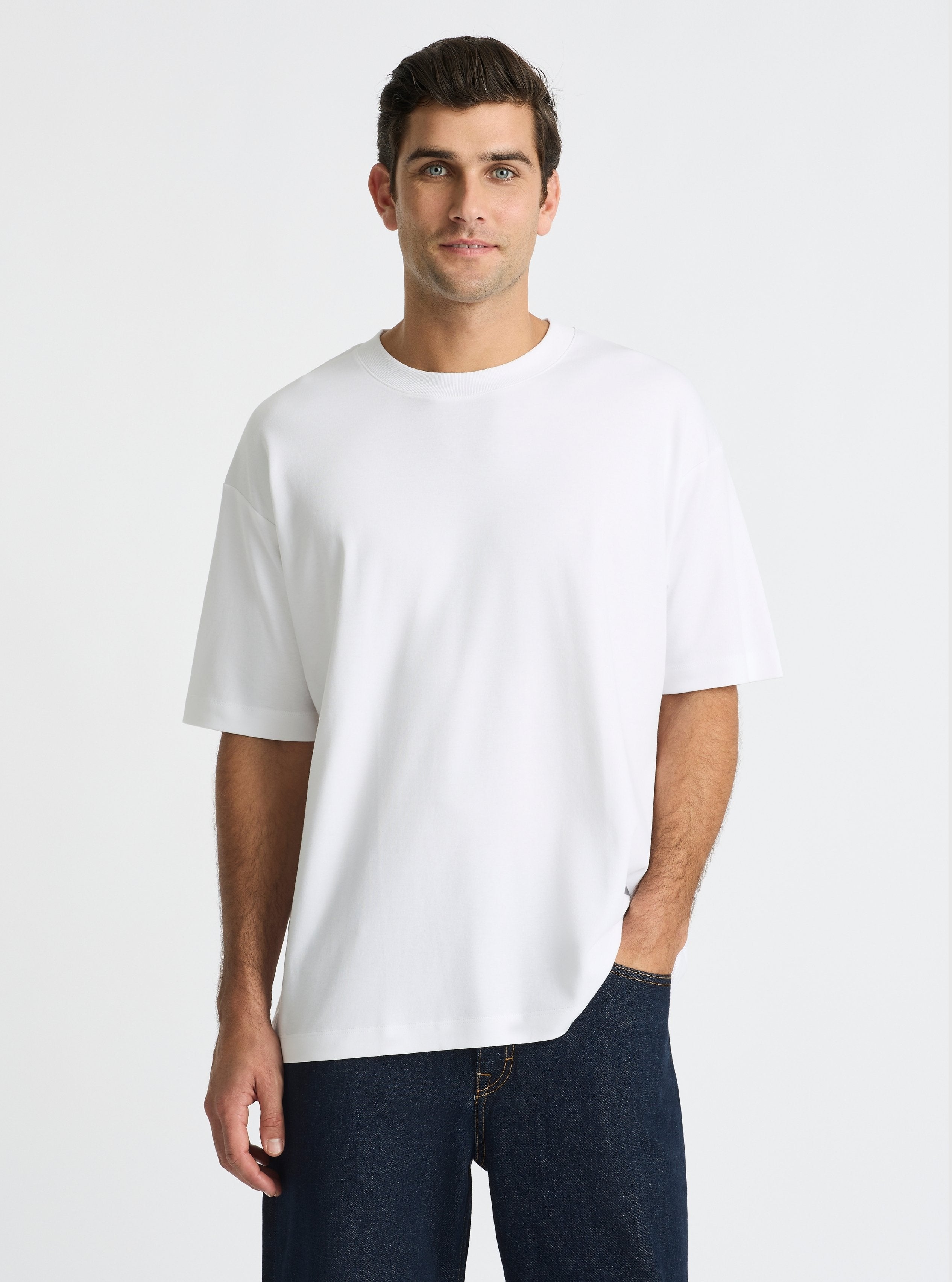 White|Good Earth Cotton® Oversized Tee – Sustainable Cotton T-shirt|Jack is 6’2” and wearing a size L