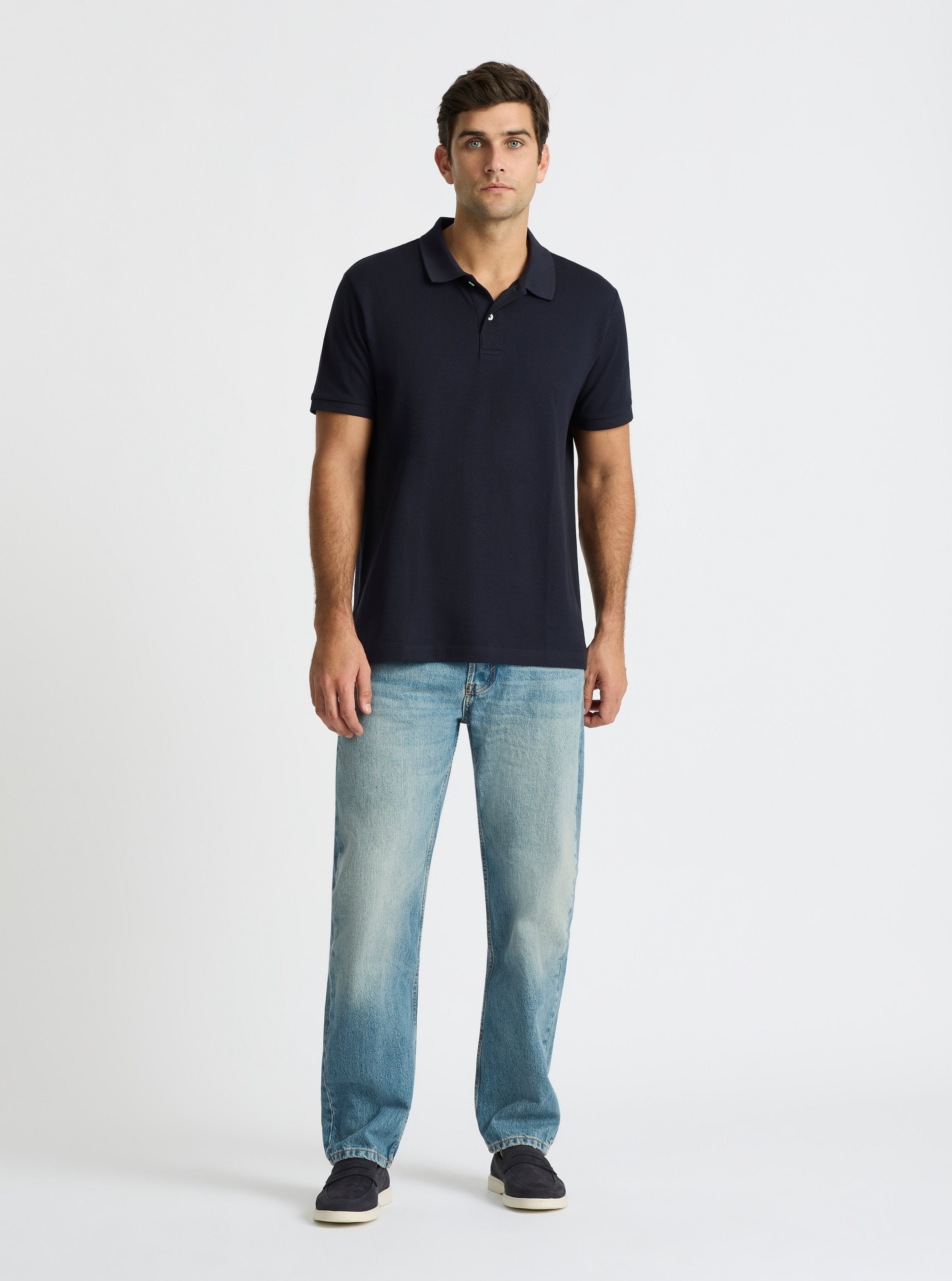 Dark Navy|Good Earth Cotton® Polo – Sustainable Cotton Polo|Jack is 6’2” and wearing a size L
