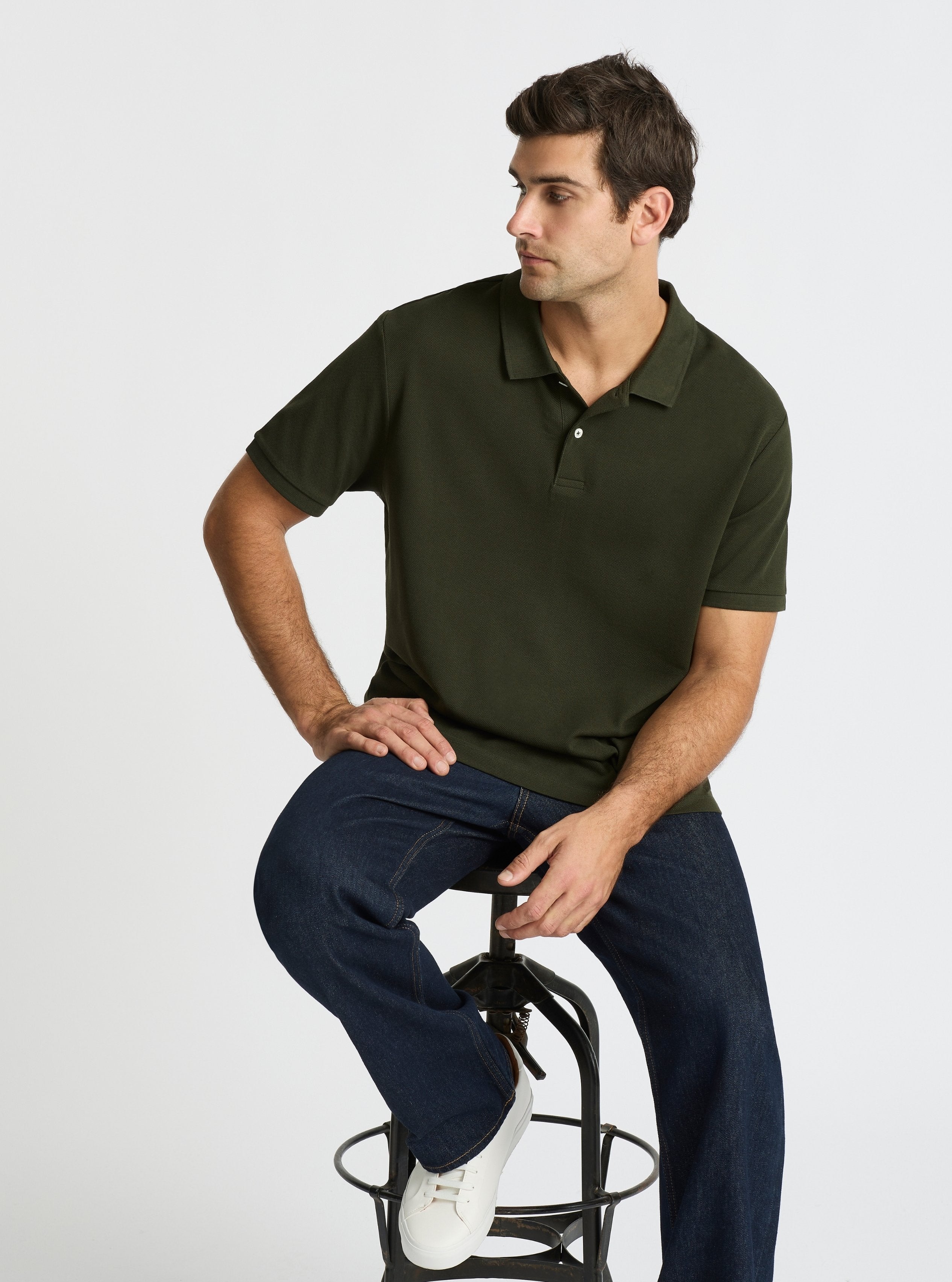 Dark Olive|Good Earth Cotton® Polo – Sustainable Cotton Polo|Jack is 6’2” and wearing a size L