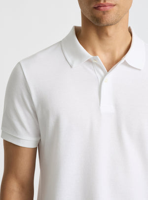 White|Good Earth Cotton® Polo – Sustainable Cotton Polo|Evans is 6’2” and wearing a size M