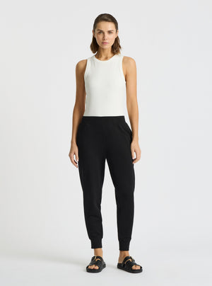 Black|Good Earth Cotton® Sweatpants for women – Sustainable Cotton Sweatpants|Stas is 5'10" and wearing a size S
