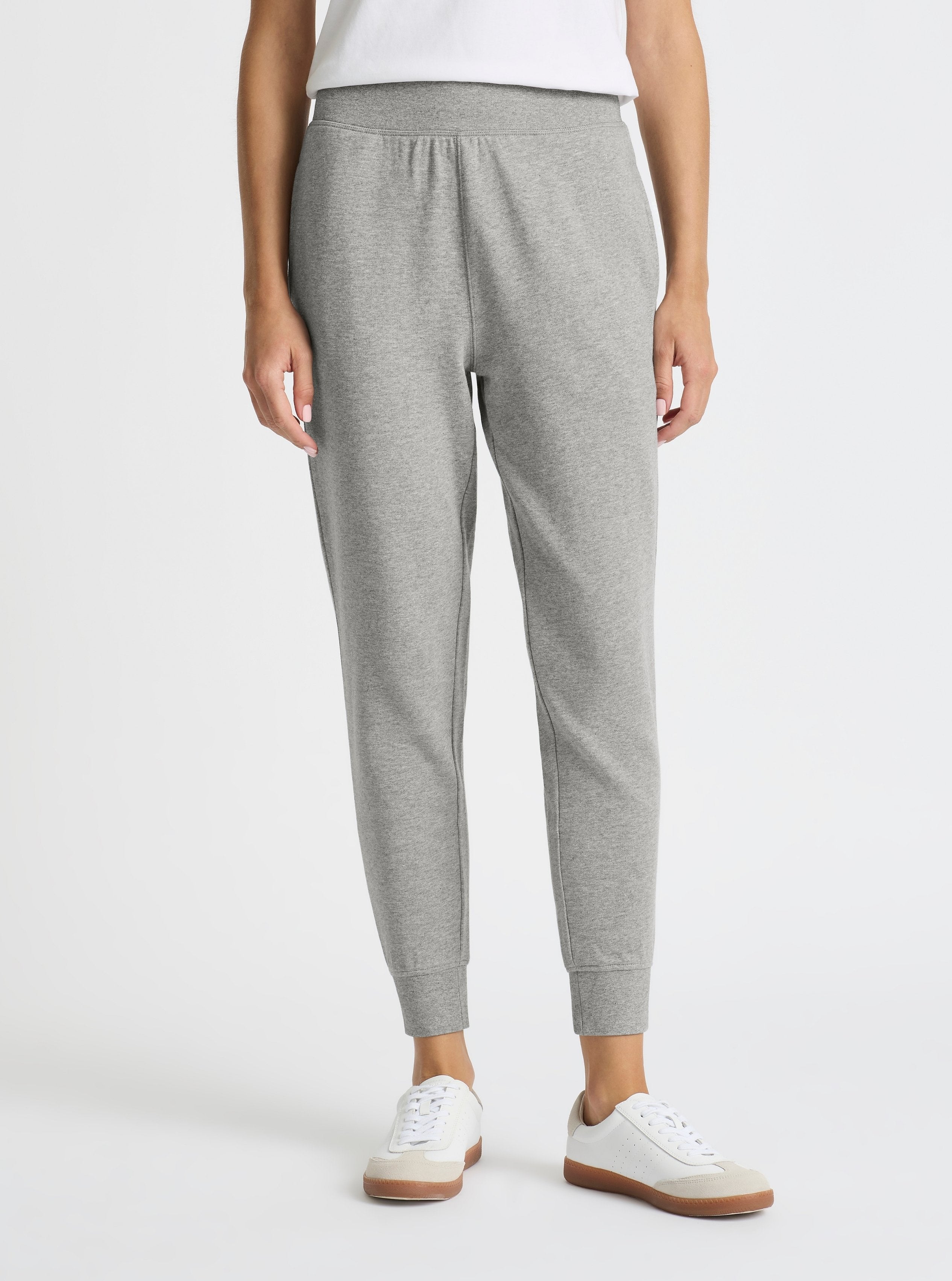 Grey Marl|Good Earth Cotton® Sweatpants for women – Sustainable Cotton Sweatpants|Karolina is 5'10" and wearing a size S