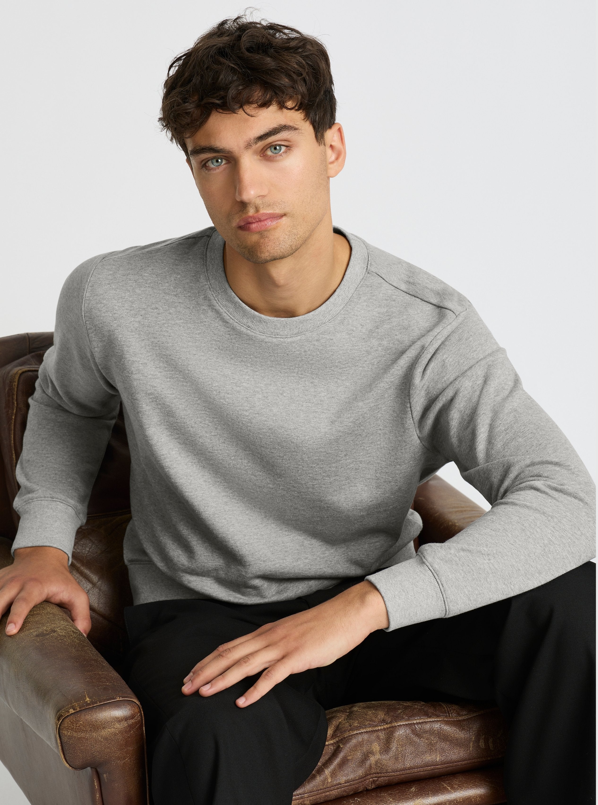 Grey Marl|Good Earth Cotton® Sweatshirts – Sustainable Cotton Sweatshirts|Evans is 6’2” and wearing a size M