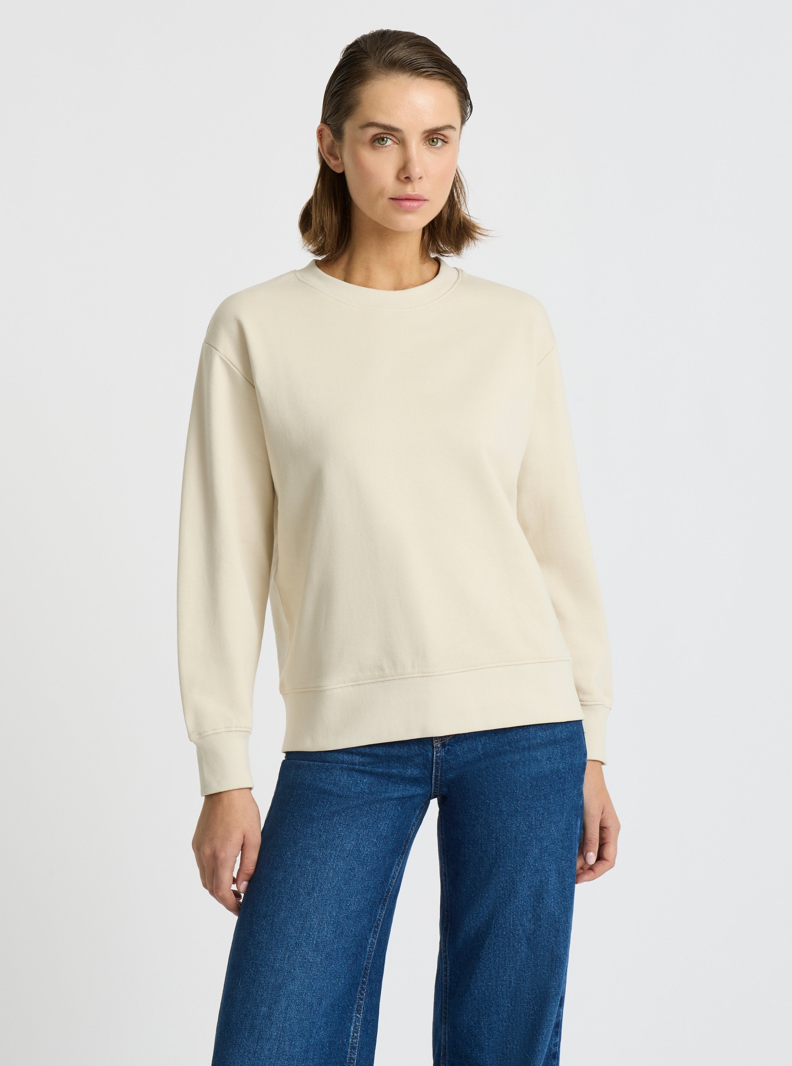 Ecru|Good Earth Cotton® Sweatshirts – Sustainable Cotton Sweatshirts|Stas is 5'10" and wearing a size S