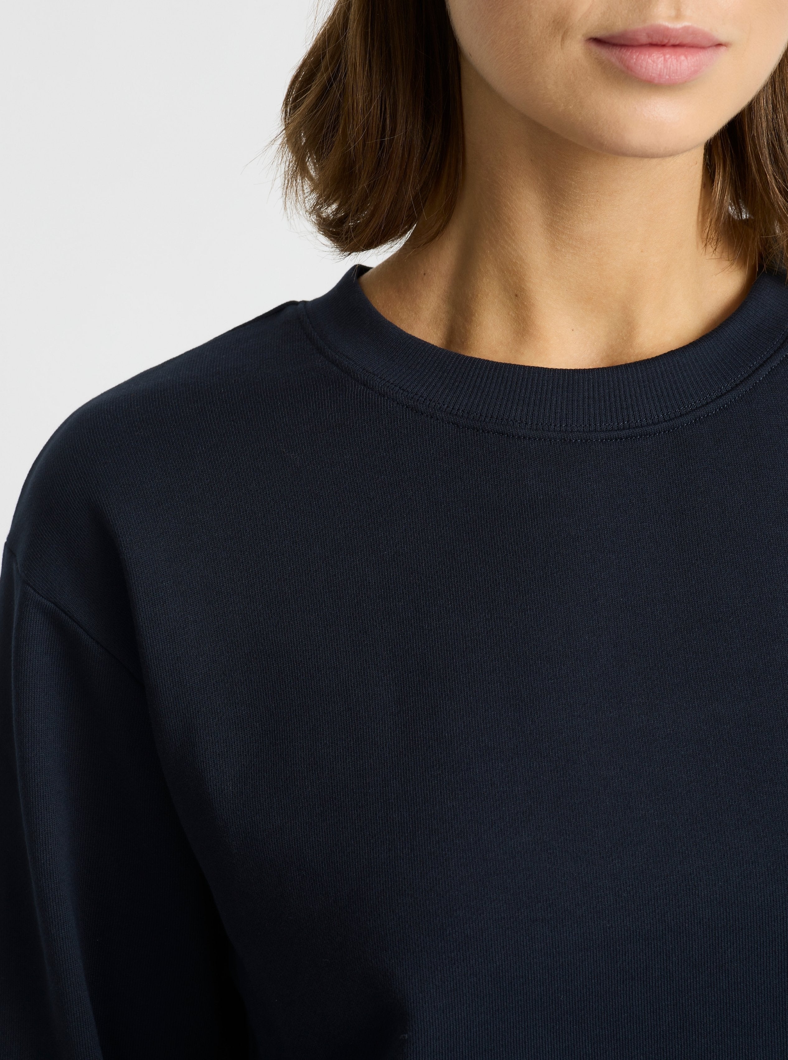 Navy|Good Earth Cotton® Sweatshirts – Sustainable Cotton Sweatshirts|Stas is 5'10" and wearing a size S
