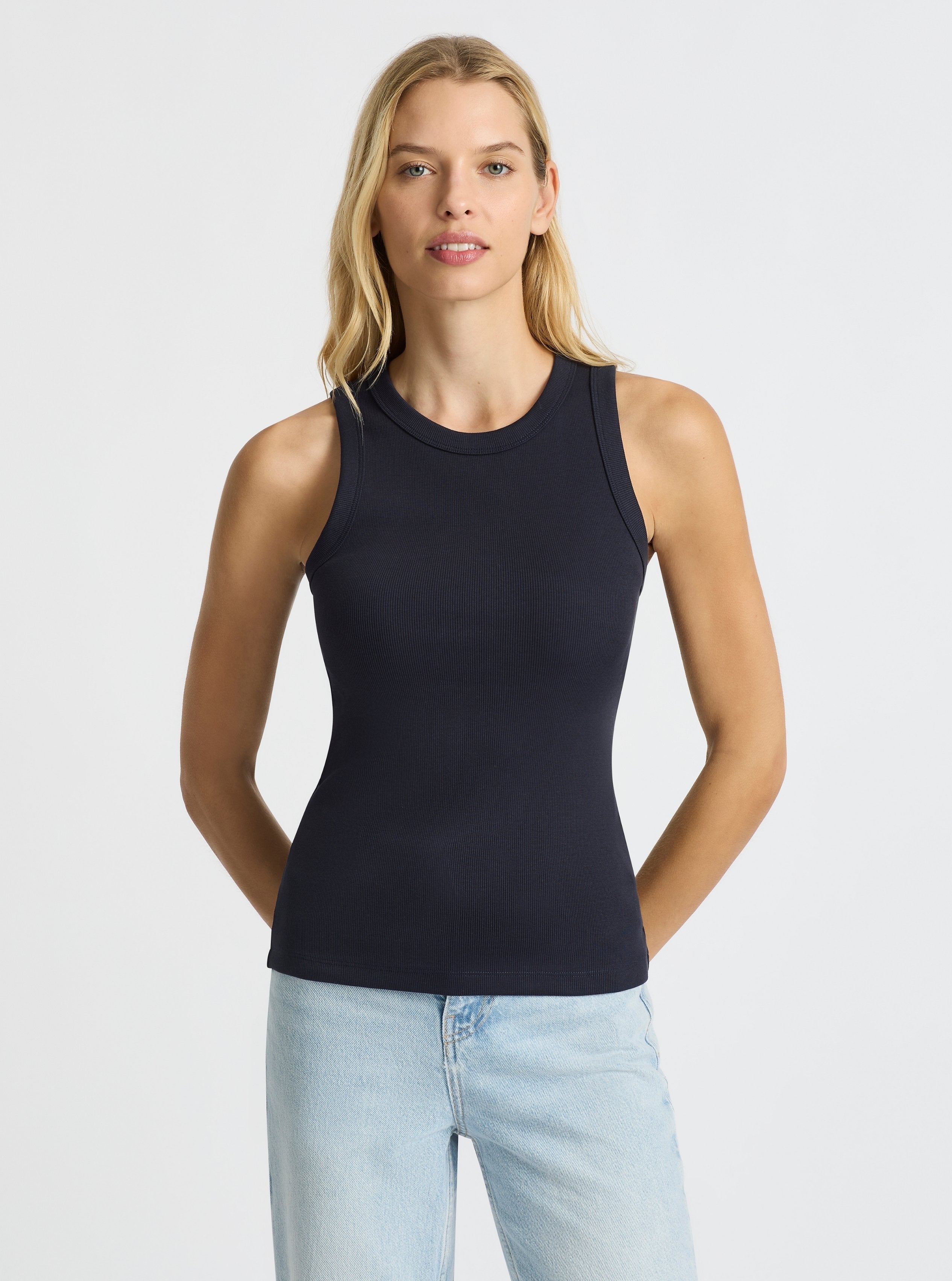 Dark Navy|Good Earth Cotton® Tanks – Sustainable Cotton Tanks|Karolina is 5'10" and wearing a size S