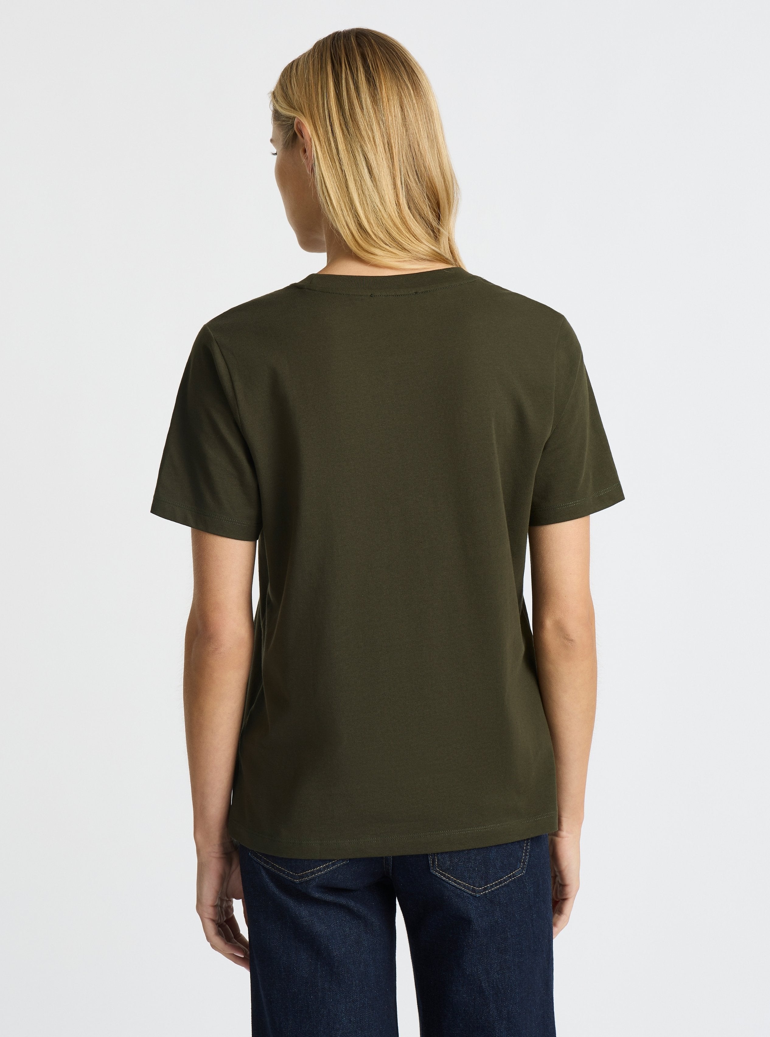 Olive Green|Good Earth Cotton® Classic Tee – Sustainable Cotton T-shirts|Karolina is 5'10" and wearing a size S