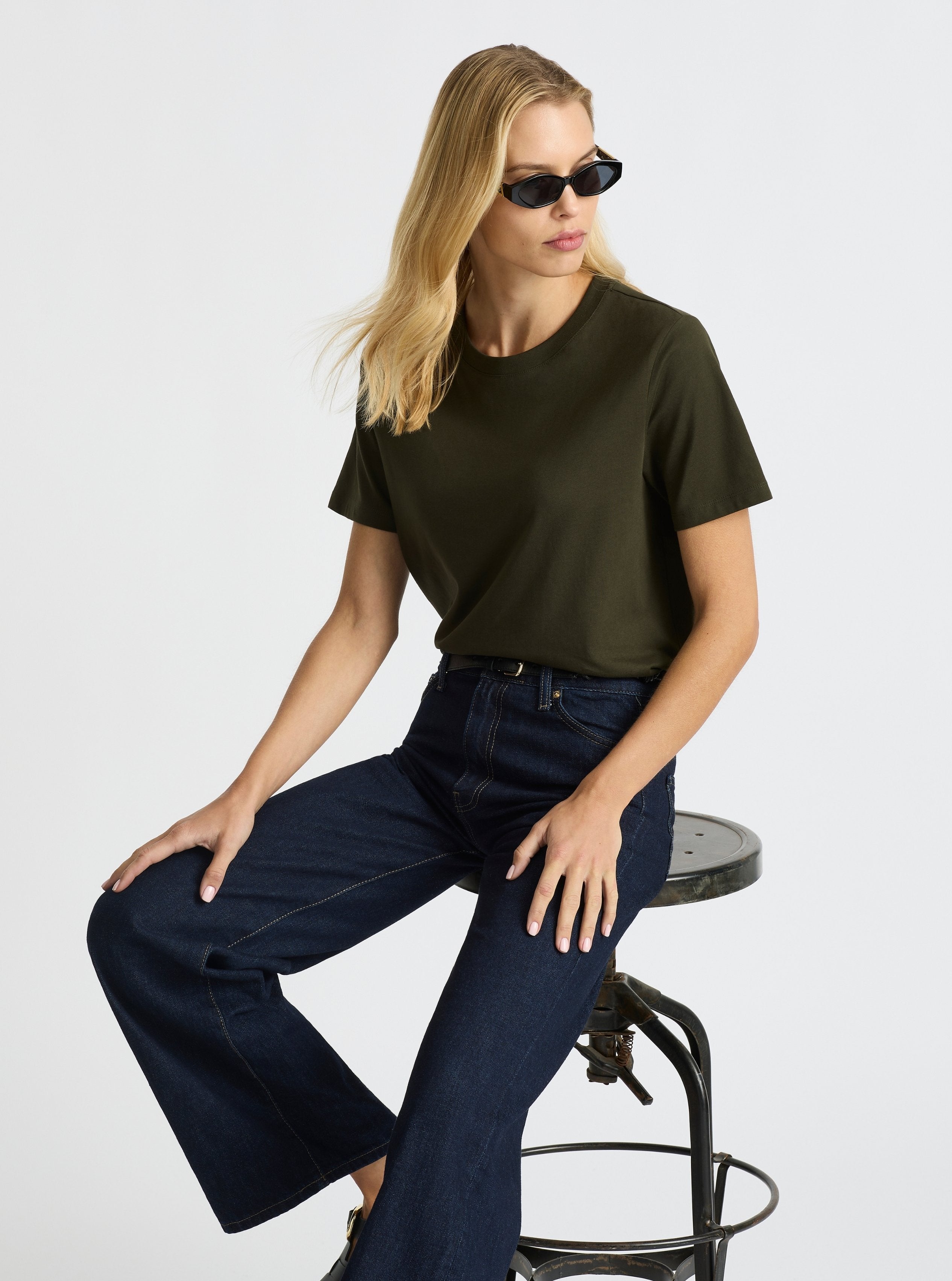 Olive Green|Good Earth Cotton® Classic Tee – Sustainable Cotton T-shirts|Karolina is 5'10" and wearing a size S