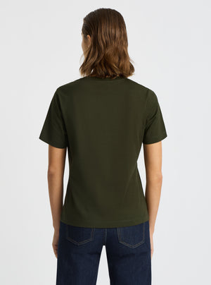 Army Green|Supima® Mercerised Crew Tee for women – premium soft cotton t-shirt|Stas is 5'10" and wearing a size S