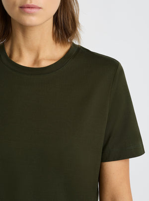 Army Green|Supima® Mercerised Crew Tee for women – premium soft cotton t-shirt|Stas is 5'10" and wearing a size S