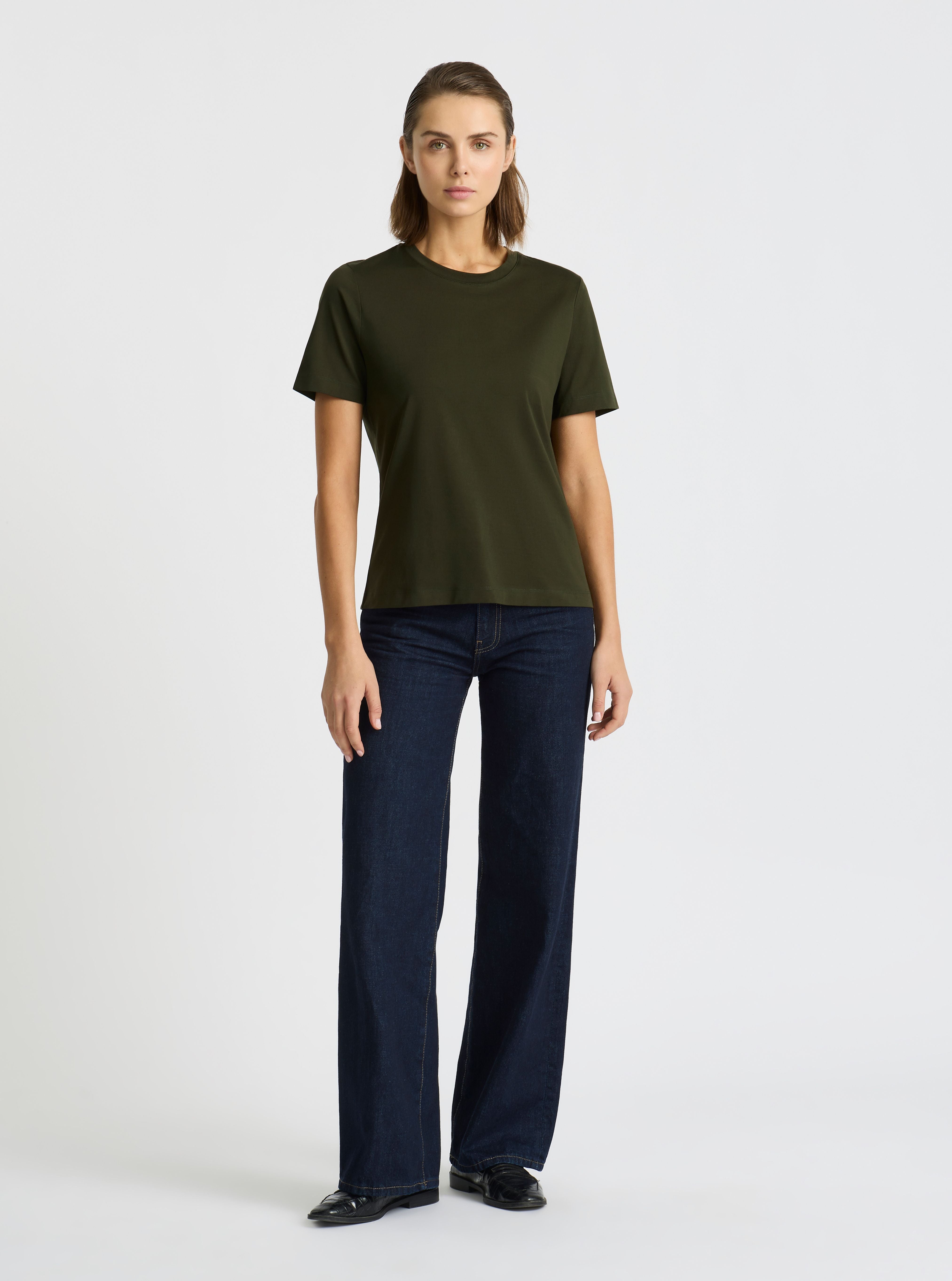 Army Green|Supima® Mercerised Crew Tee for women – premium soft cotton t-shirt|Stas is 5'10" and wearing a size S