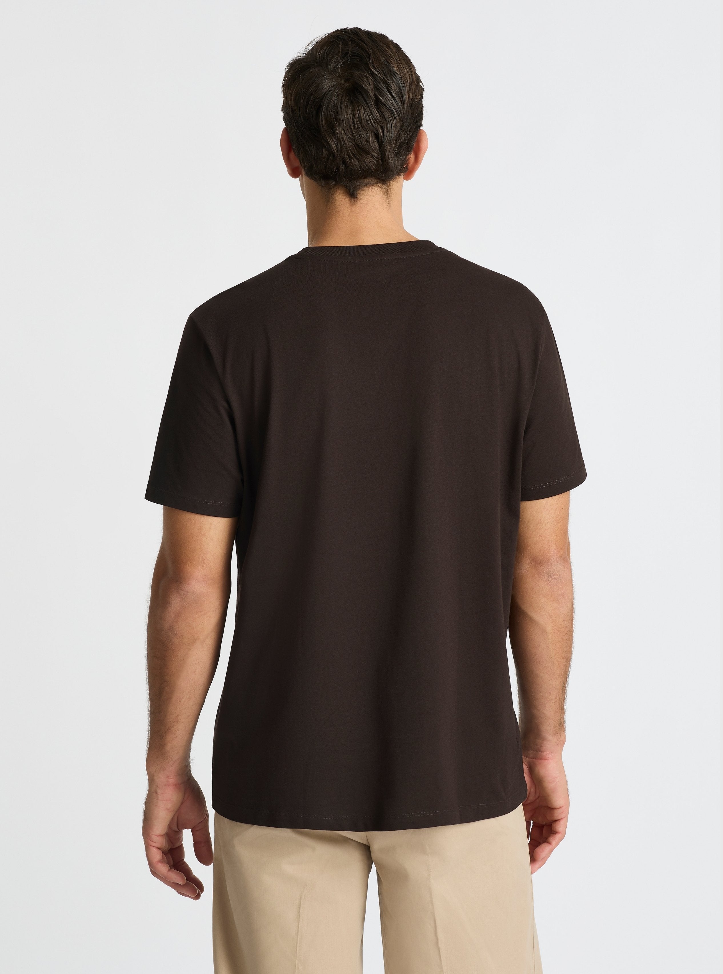 Chocolate|Supima® Mercerised Crew Tee for men – premium soft cotton t-shirt|Jack is 6’2” and wearing a size L