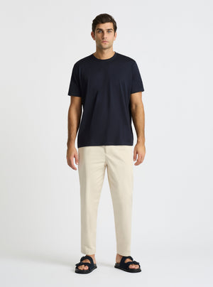 Dark Navy|Supima® Mercerised Crew Tee for men – premium soft cotton t-shirt|Jack is 6’2” and wearing a size L