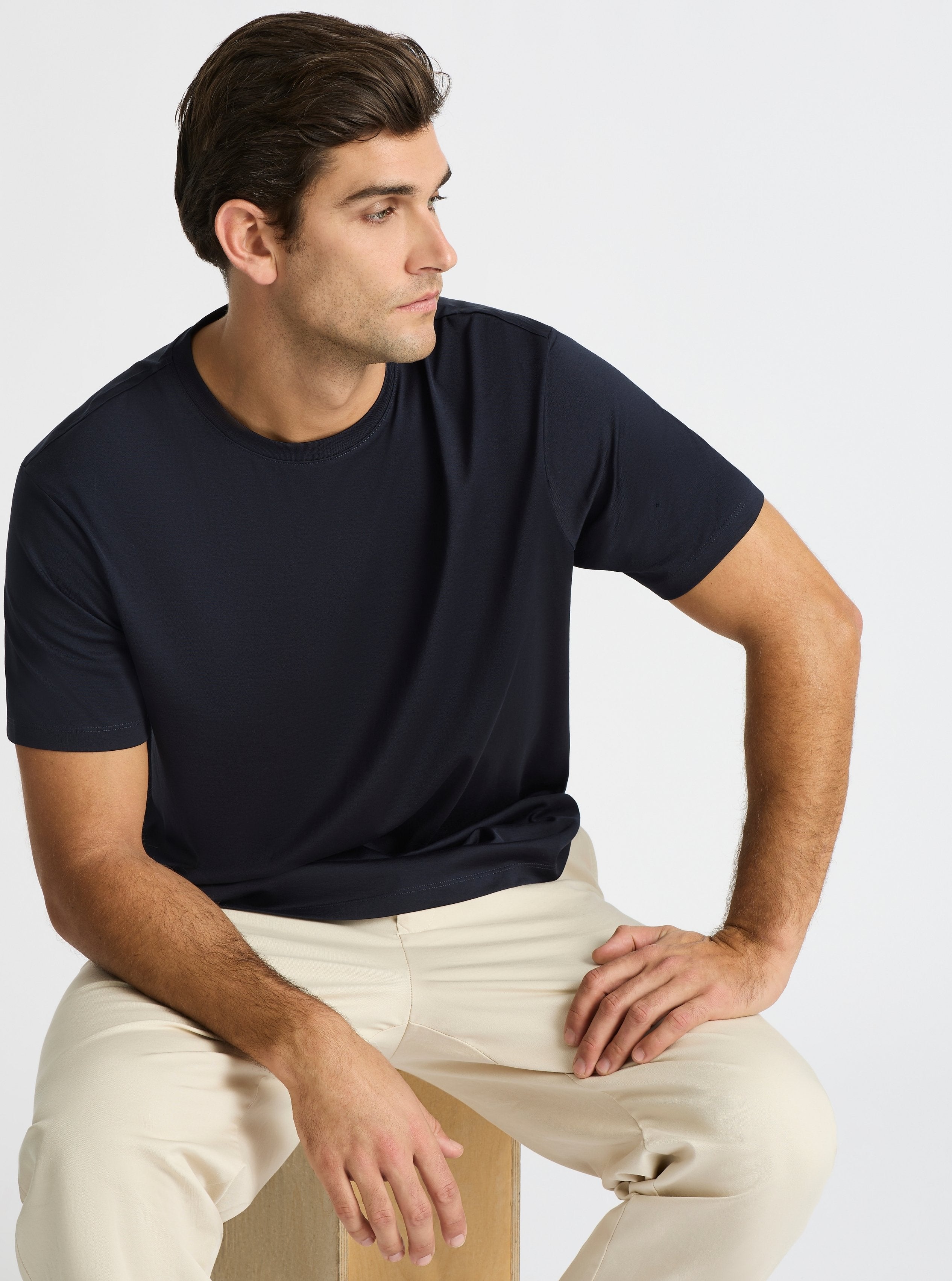 Dark Navy|Supima® Mercerised Crew Tee for men – premium soft cotton t-shirt|Jack is 6’2” and wearing a size L