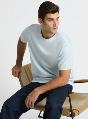 Light Blue|Supima® Mercerised Crew Tee for men – premium soft cotton t-shirt|Jack is 6’2” and wearing a size L