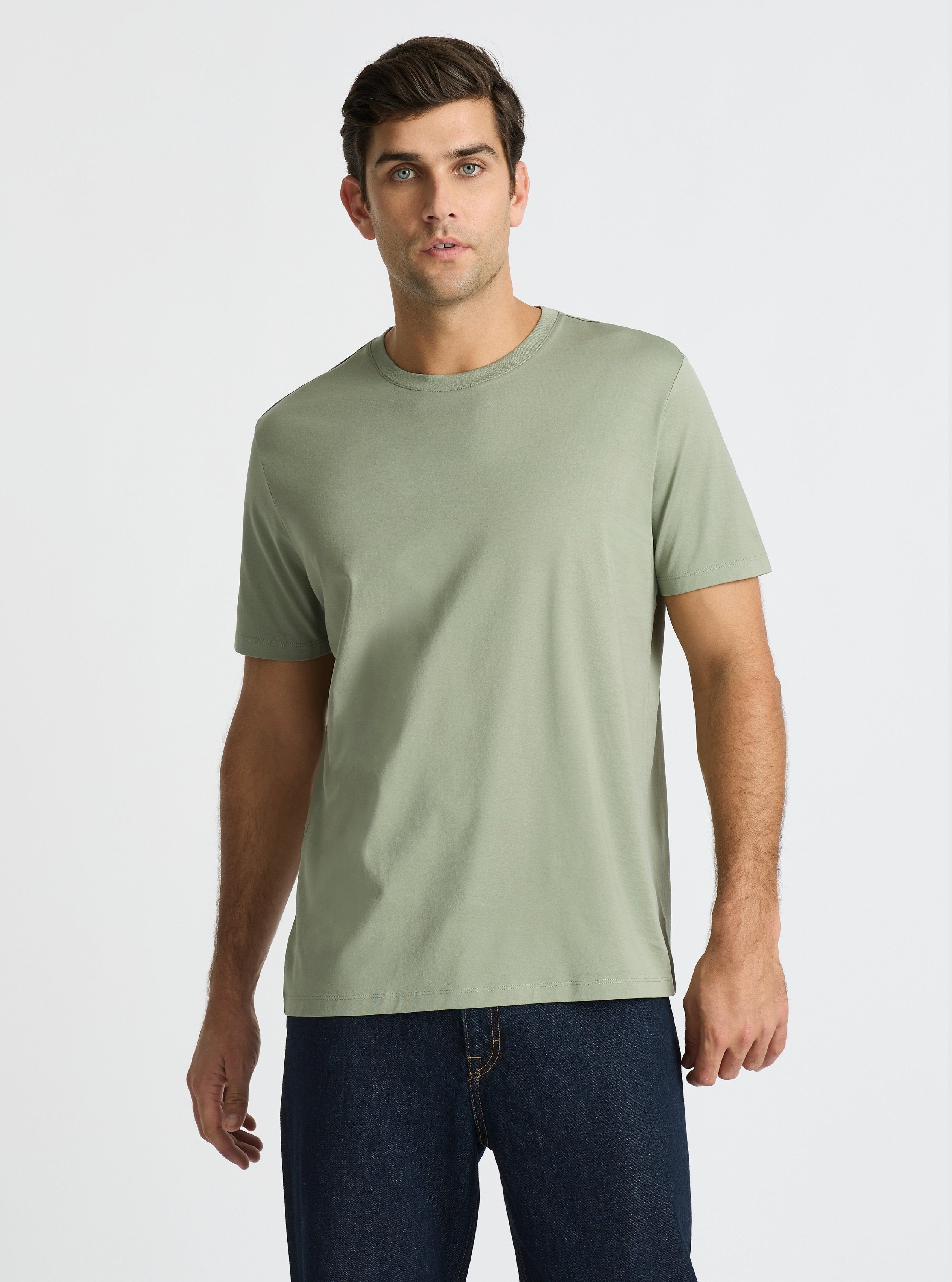 Sage Green|Supima® Mercerised Crew Tee for men – premium soft cotton t-shirt|Jack is 6’2” and wearing a size L