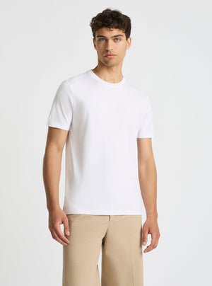 White|Supima® Mercerised Crew Tee for men – premium soft cotton t-shirt|Evans is 6’2” and wearing a size M